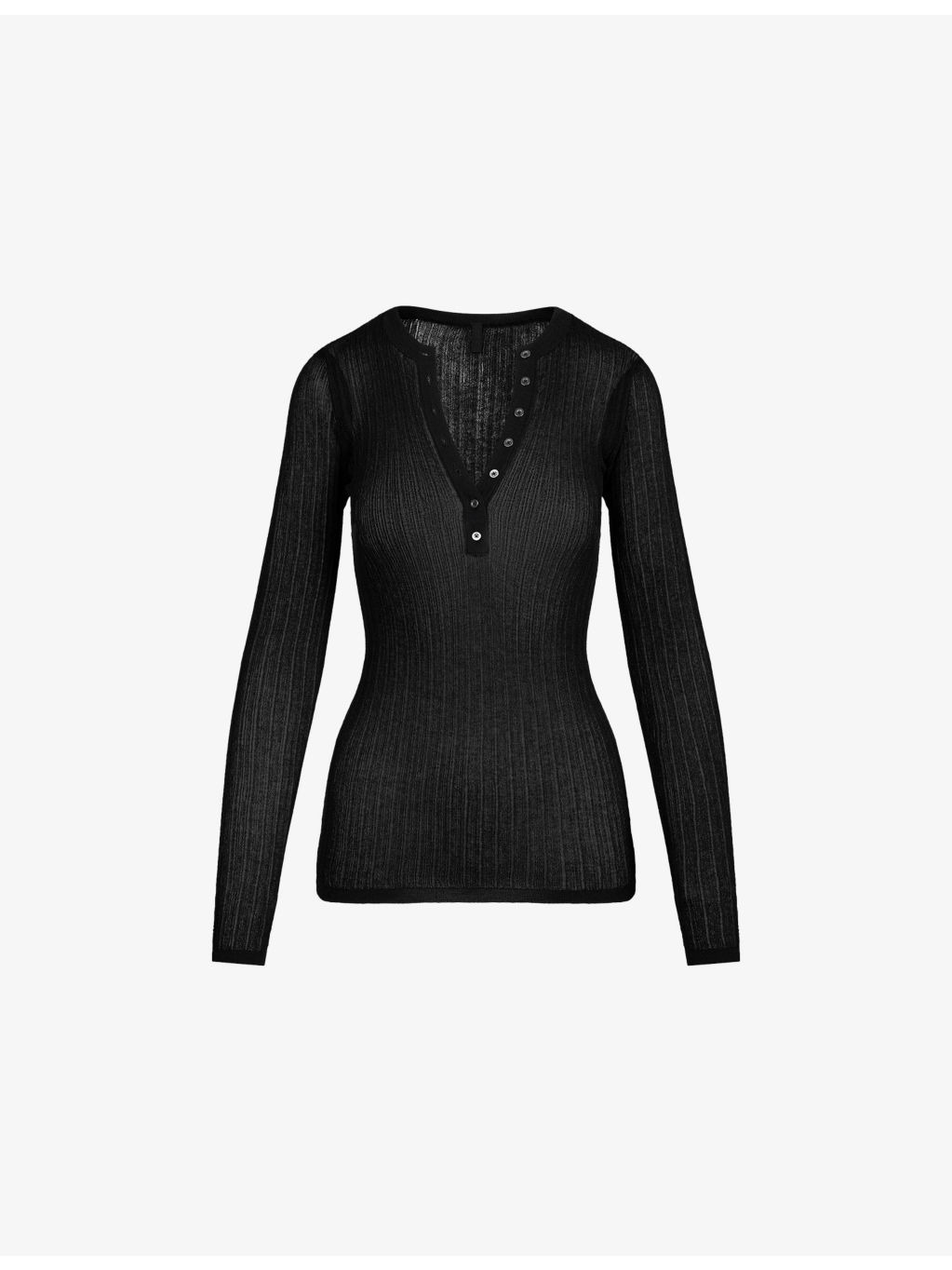 Long-Sleeve Sheer Knit Henley Top - 1