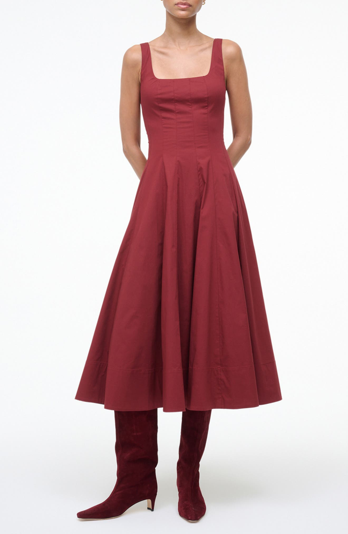 STAUD Wells Stretch Cotton Fit & Flare Midi Dress in Sangria at Nordstrom - 5