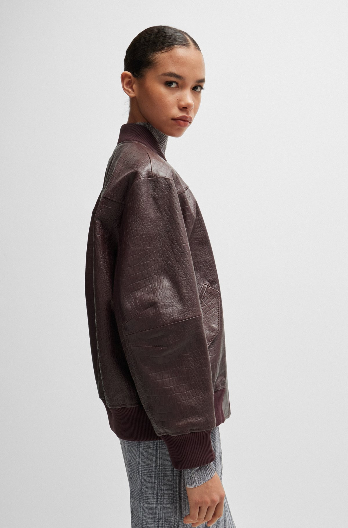 LEATHER BOMBER JACKET WITH EMBOSSED CROCODILE MOTIF - 6