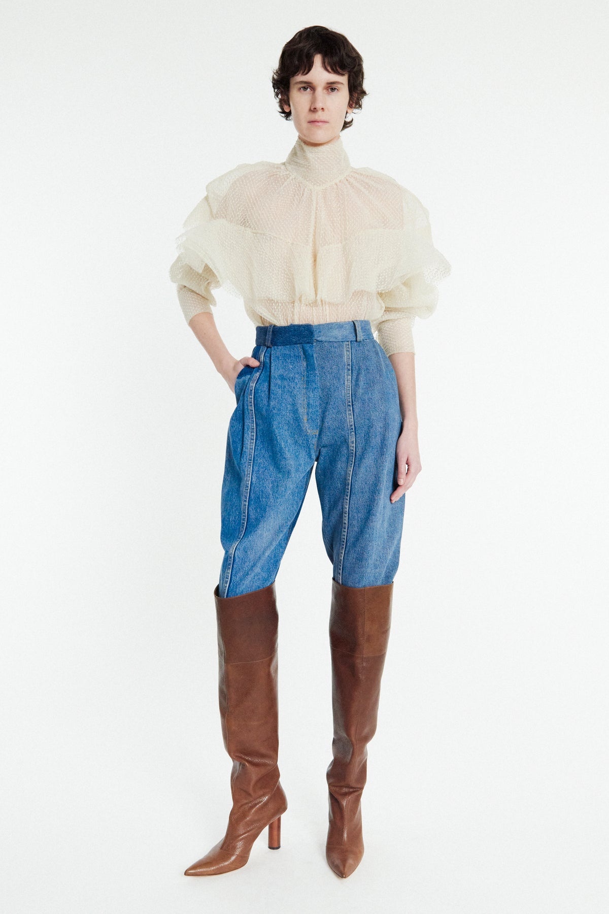 DOUBLE LAYERED TULLE TOP WITH CHEST FRILL DETAIL IVORY - 10