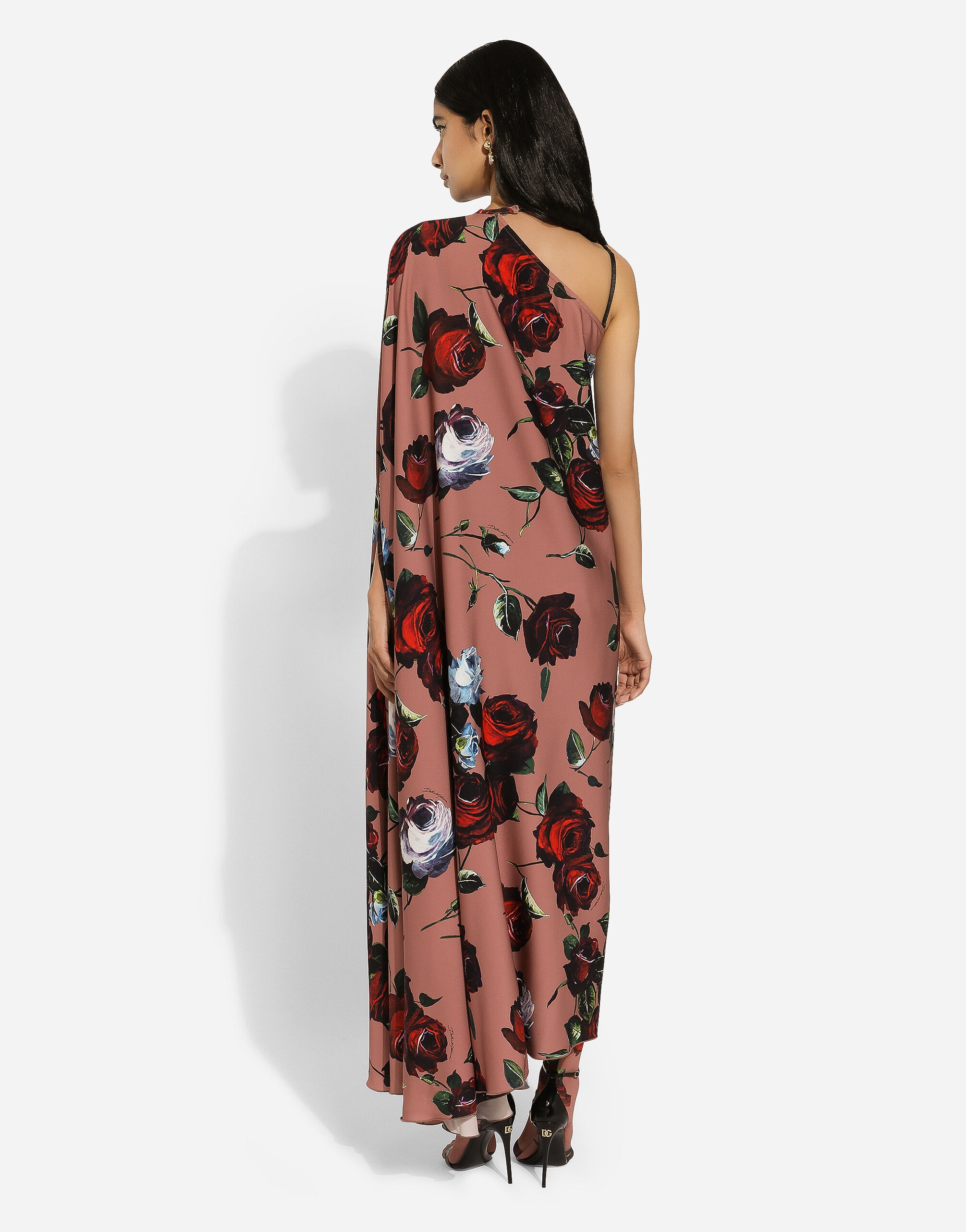 Asymmetrical charmeuse dress with vintage rose print - 3