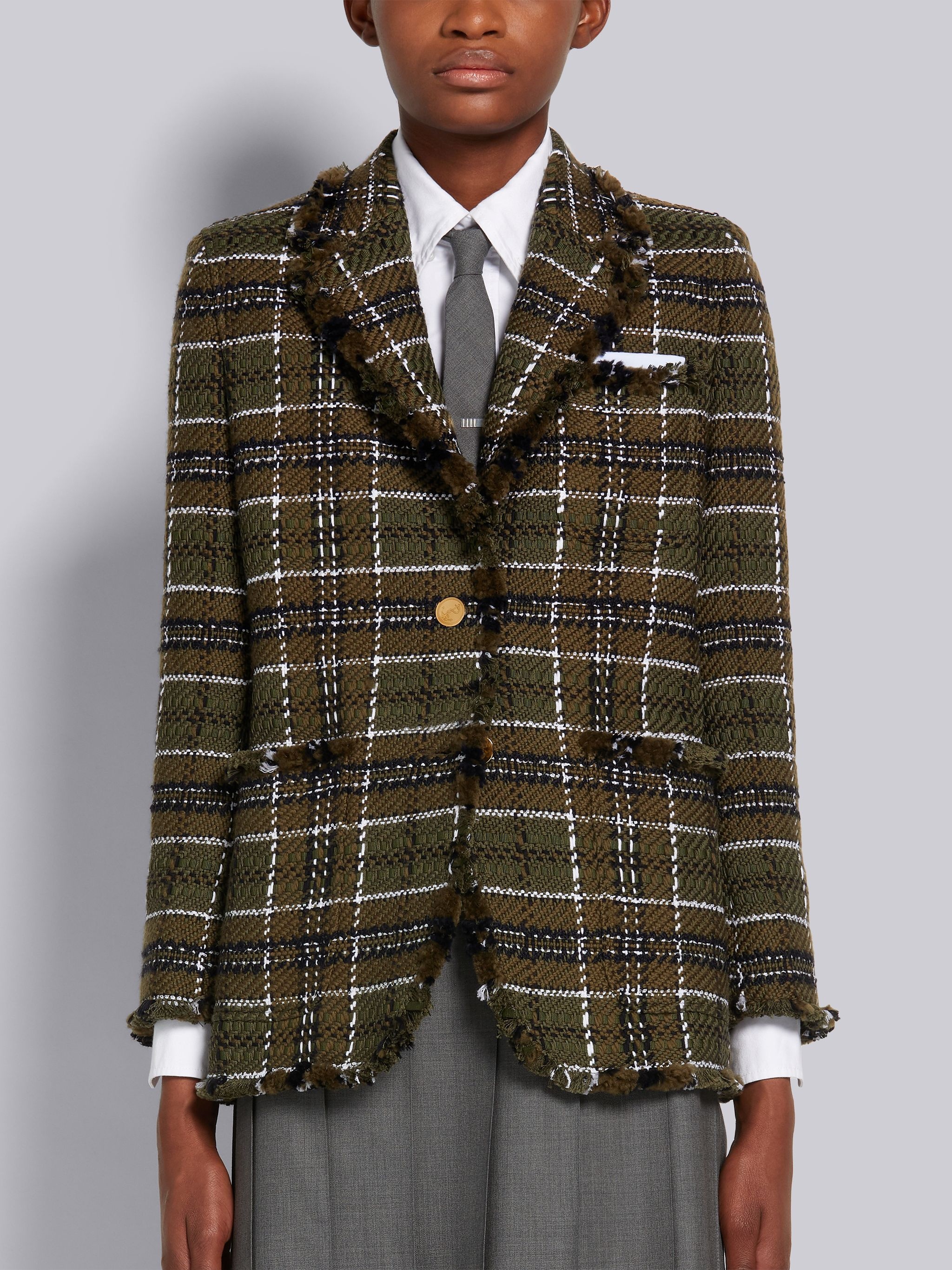 Dark Green Tartan Check Tweed Frayed Sack Jacket - 1