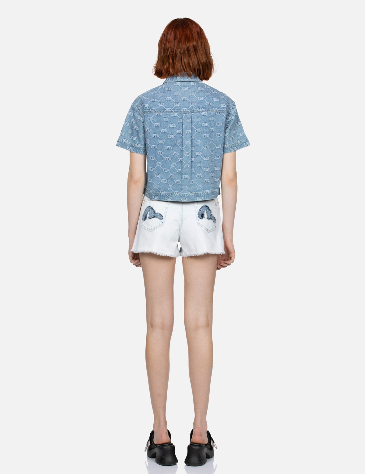 ALLOVER LOGO JACQUARD AND RHINESTONE SEAGULL FASHION FIT DENIM SHIRT - 6