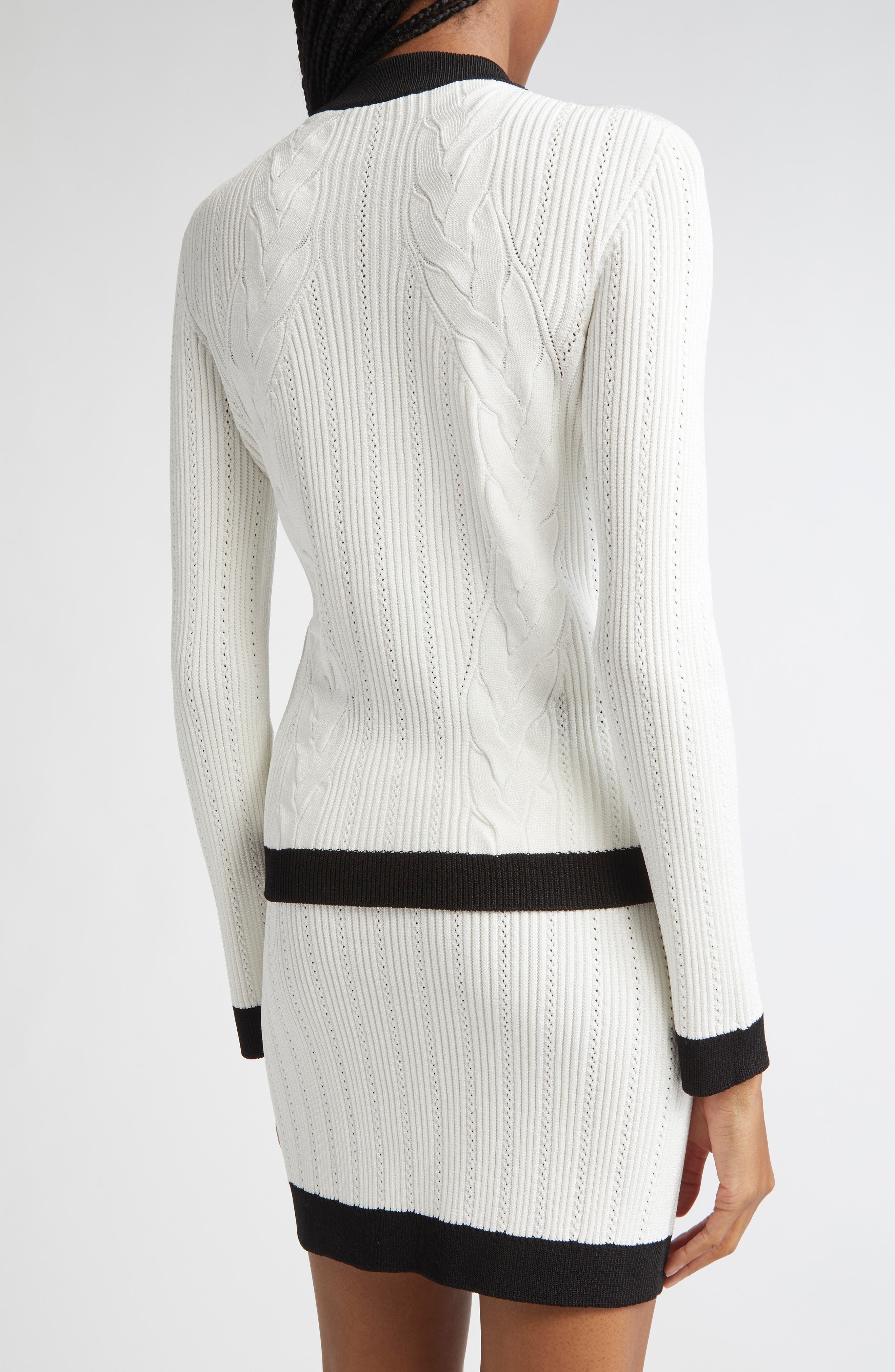 Balmain Twisted Cable Knit Cardigan in Gab White/Black at Nordstrom - 3