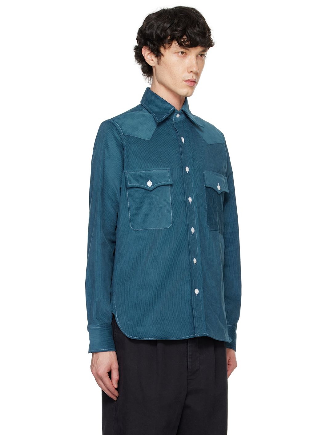 Blue Corduroy Two-Pocket Western Shirt - 2