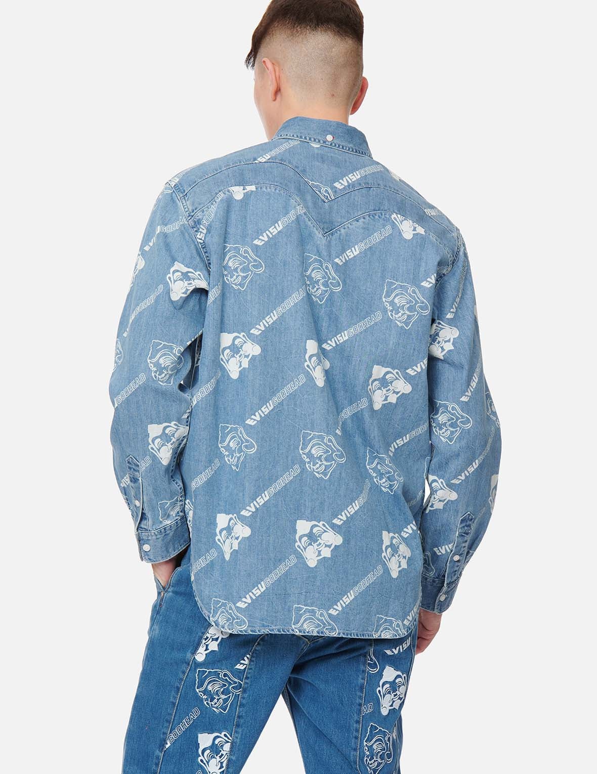 Allover Godhead and Logo Discharged  Print Denim Shirt - 4