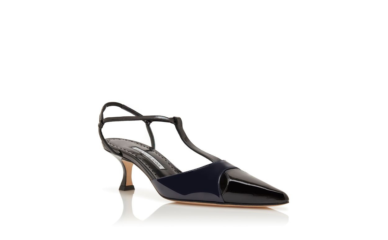 Black and Navy Blue Patent Leather T-Bar Pumps - 3