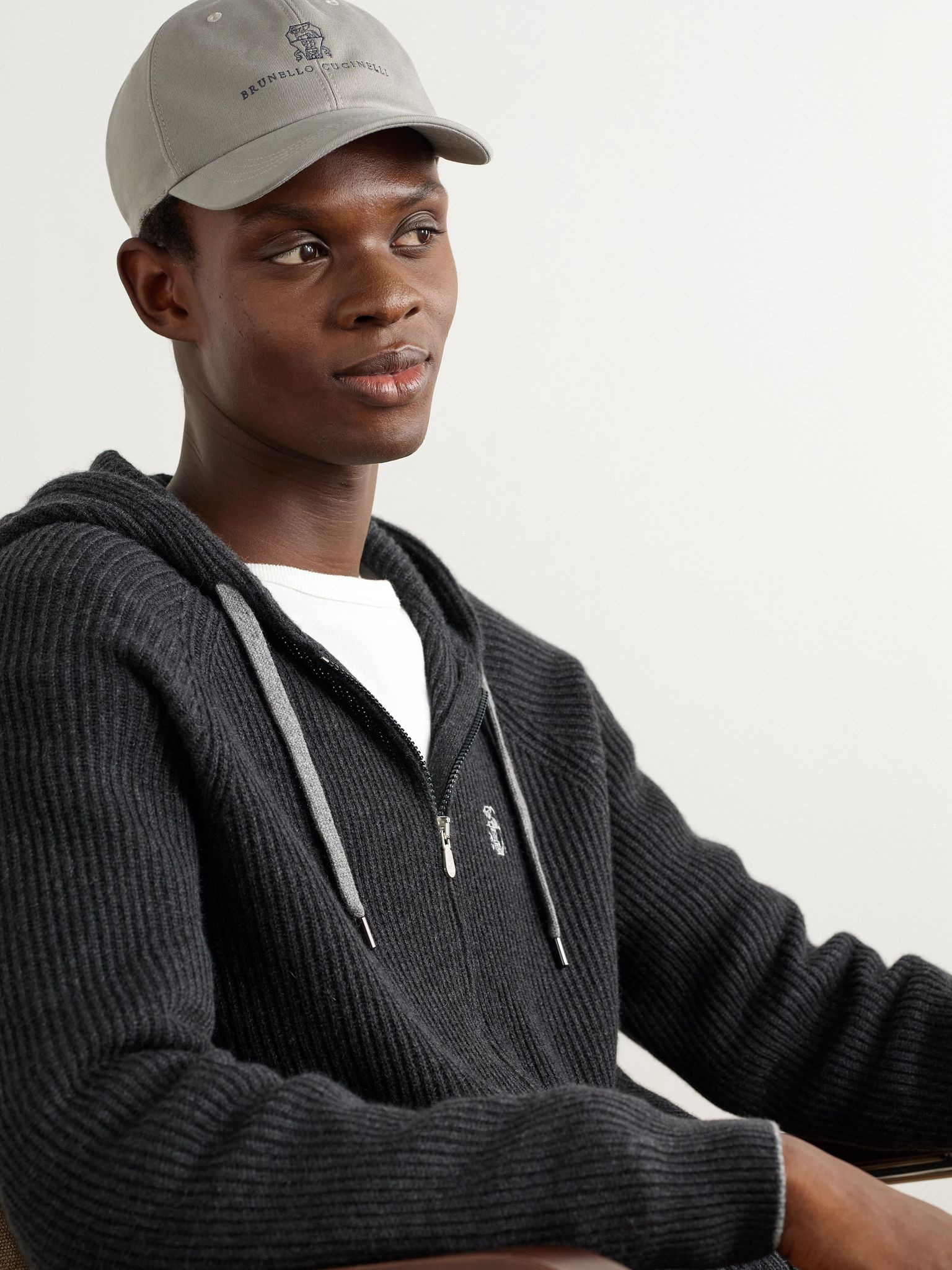 Logo-Embroidered Leather-Trimmed Cotton-Twill Baseball Cap Gray - 2