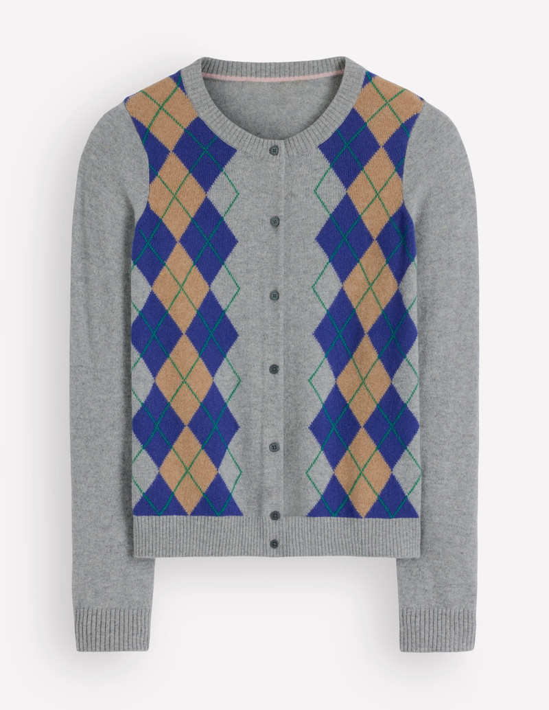 Elsie Cashmere Crew Cardigan-Grey Argyle - 1