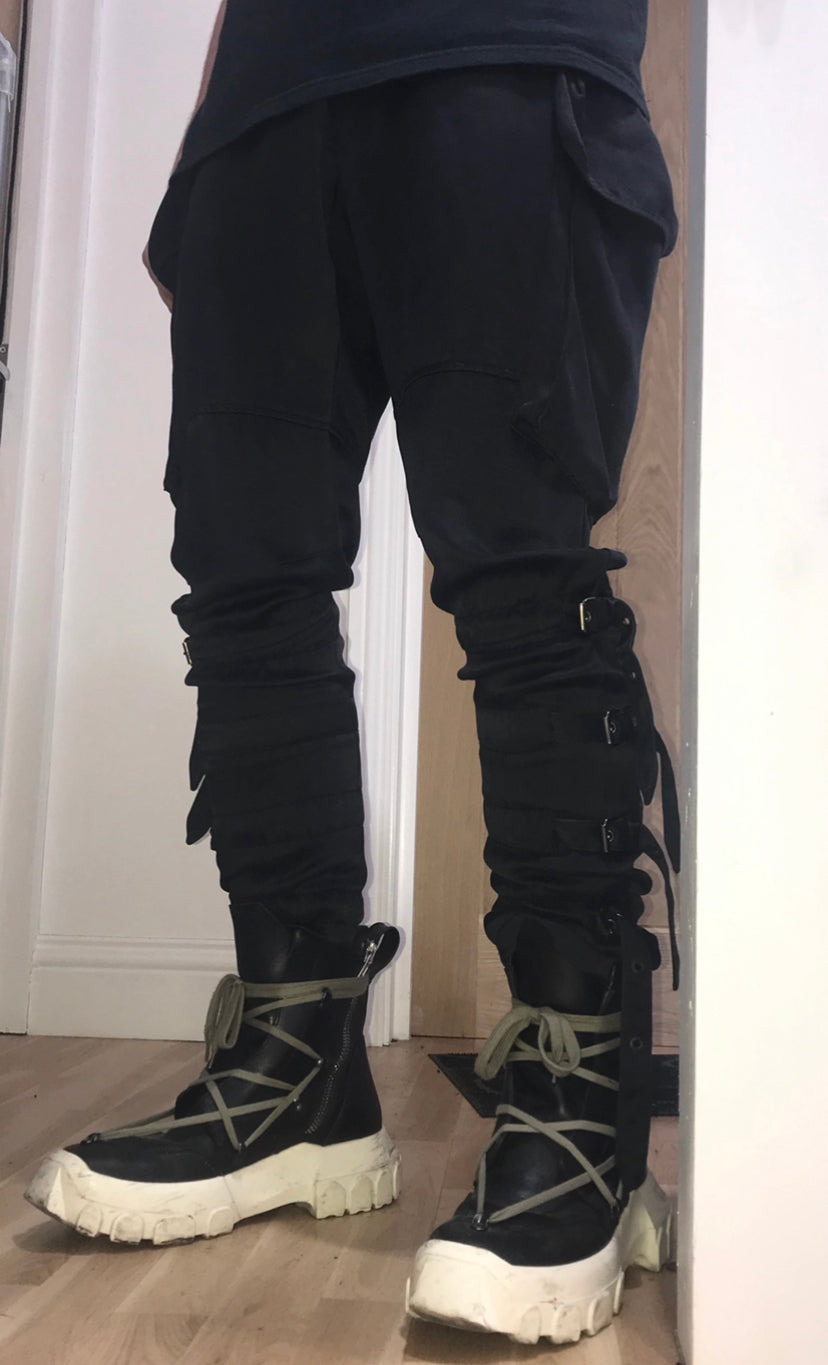 zOthers - BWNT Balmain Decarnin Era Fall 2009 Black Silk Cargo Bondage Drop Crotch Pants - 4