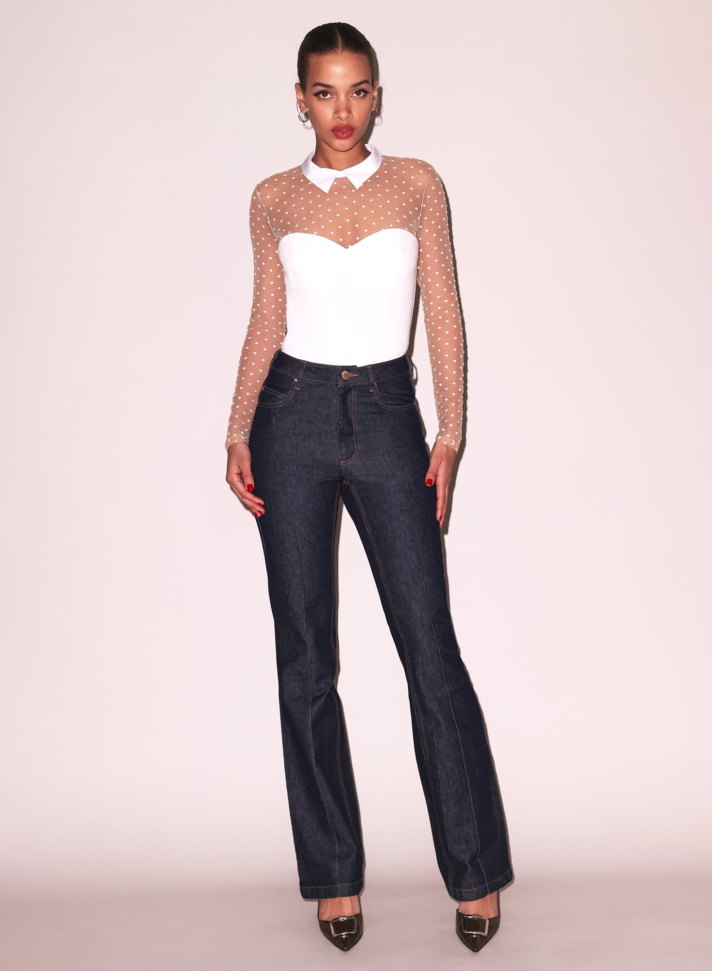Collared Bodysuit with Dotted Tulle - 3
