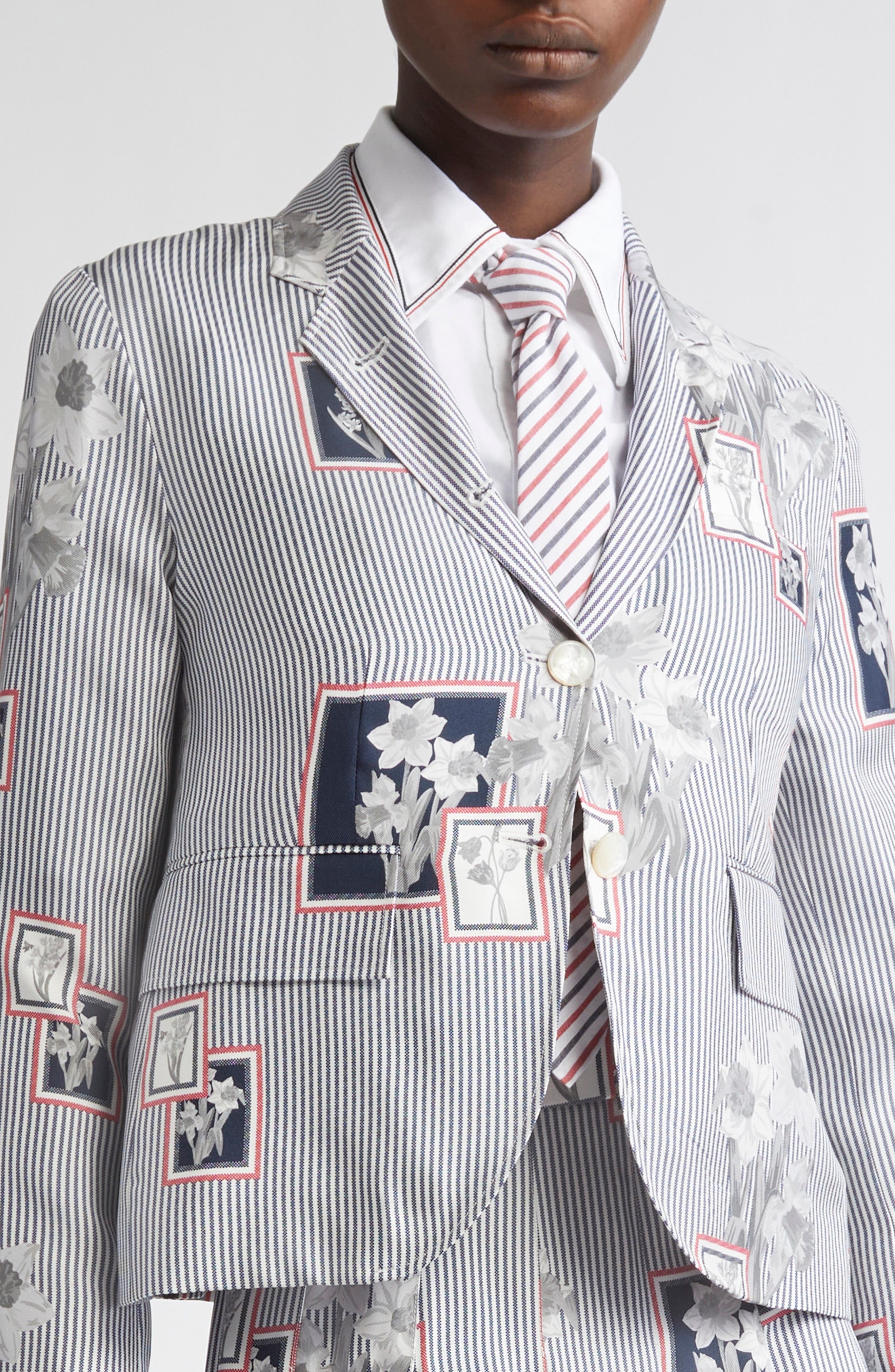 Thom Browne Framed Floral Print Fit 3 High Armhole Silk Twill Sport Coat in Navy at Nordstrom - 5