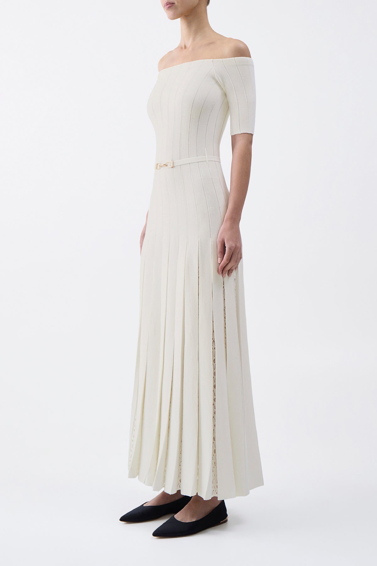 Kurt Pleated Knit Dress in Ivory Merino Wool - 4