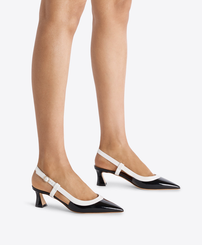 Tate 45 Black & White Patent Kitten Heel Slingbacks 5
