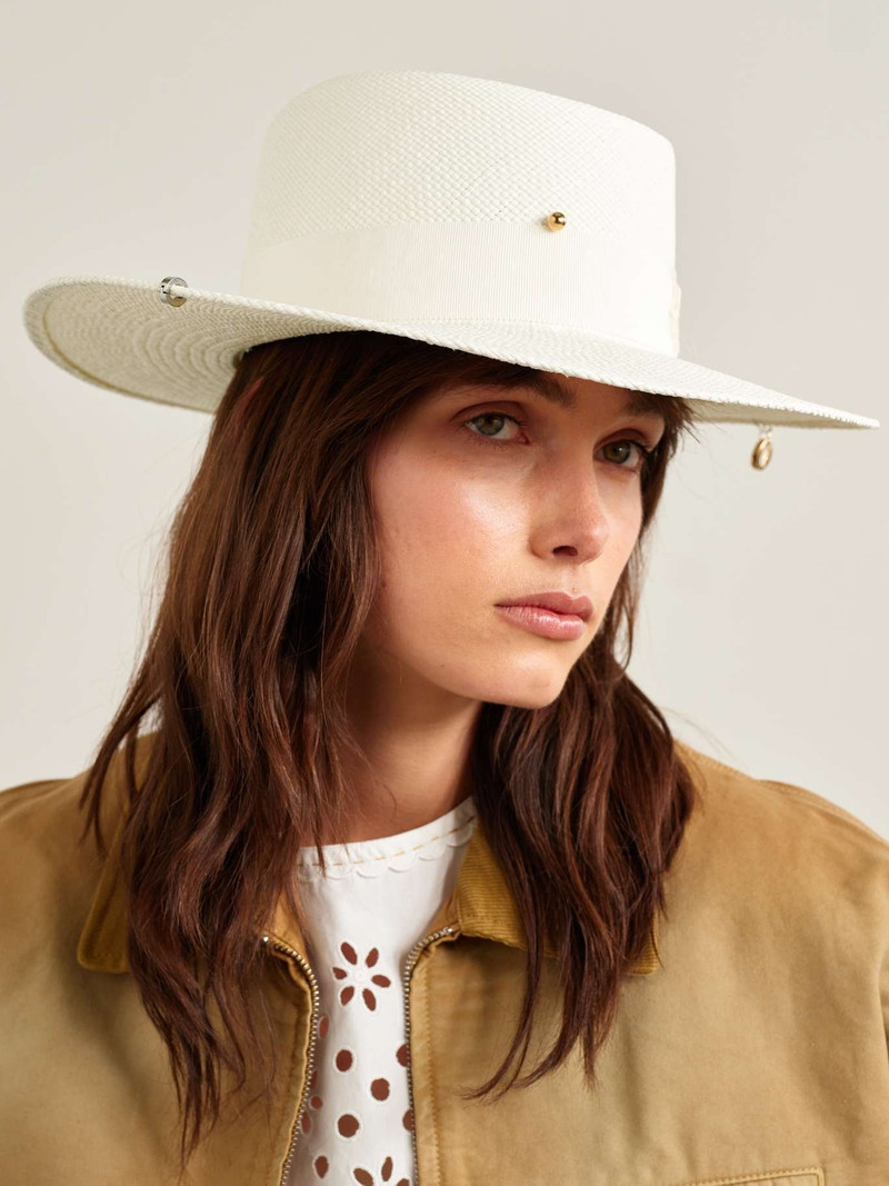 RUSLAN BAGINSKIY Gambler grosgrain-trimmed embellished straw hat Off-white outlook