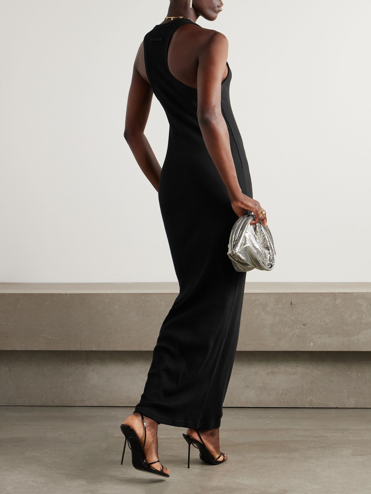 Embellished ribbed cotton midi dress Black - 3