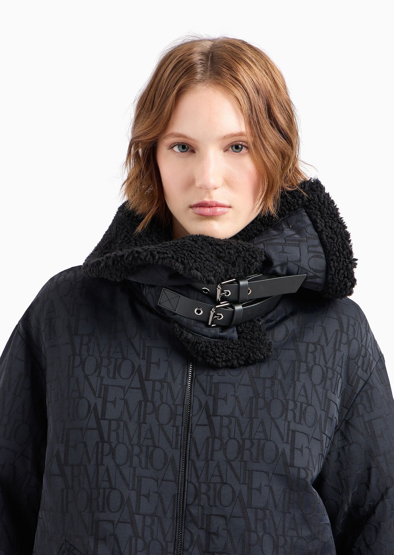 Wool-blend jacket with all-over lettering jacquard and teddy details - 5