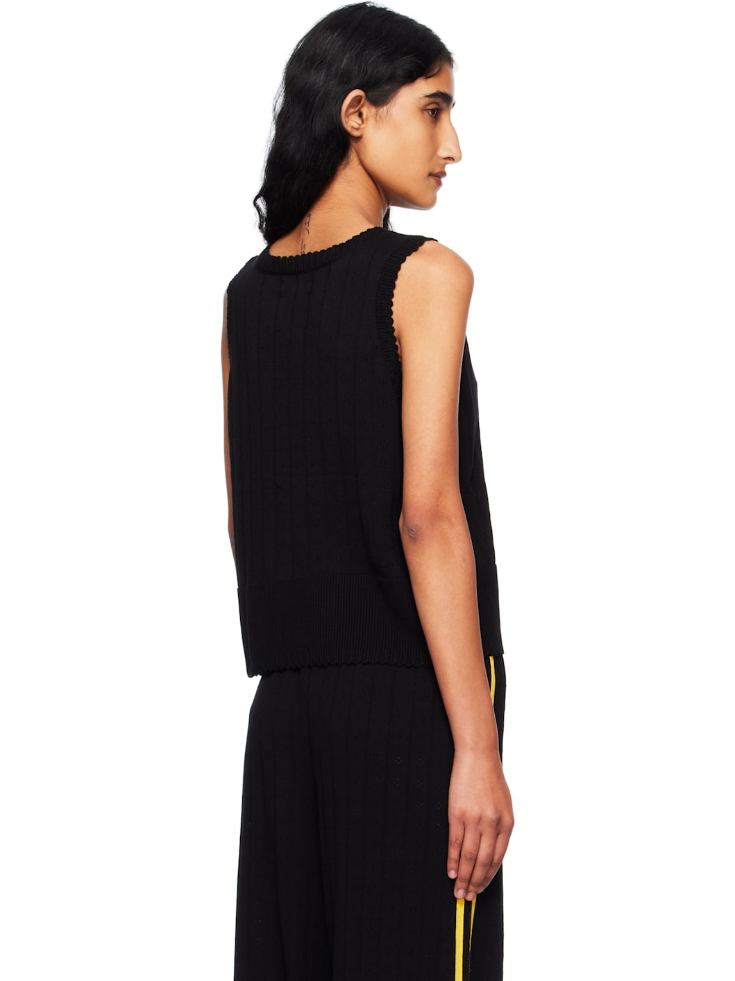 Black Organic Cotton Pointelle Waistcoat Cardigan - 3