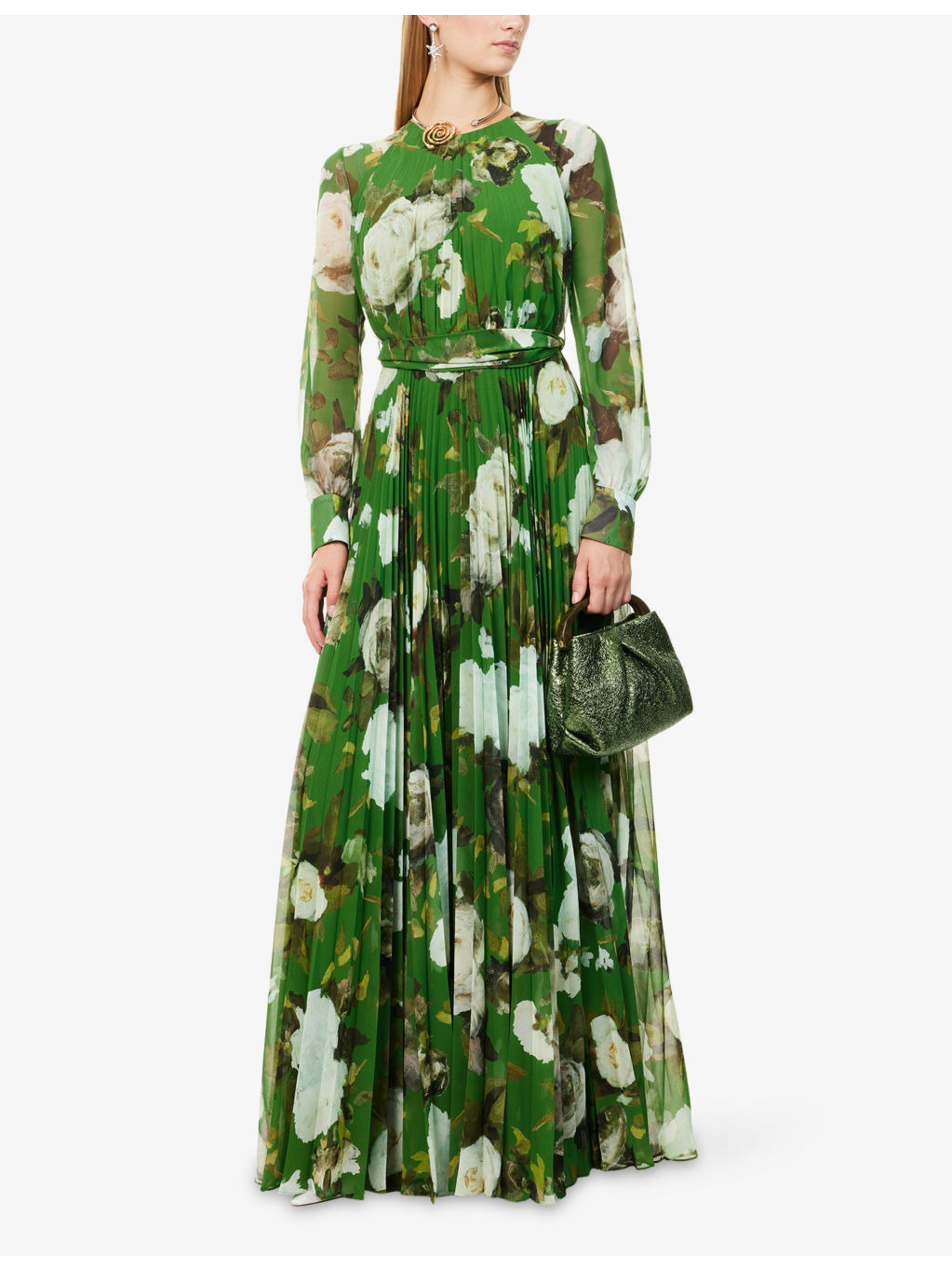 Floral-Print Long-Sleeve Chiffon Gown - 2