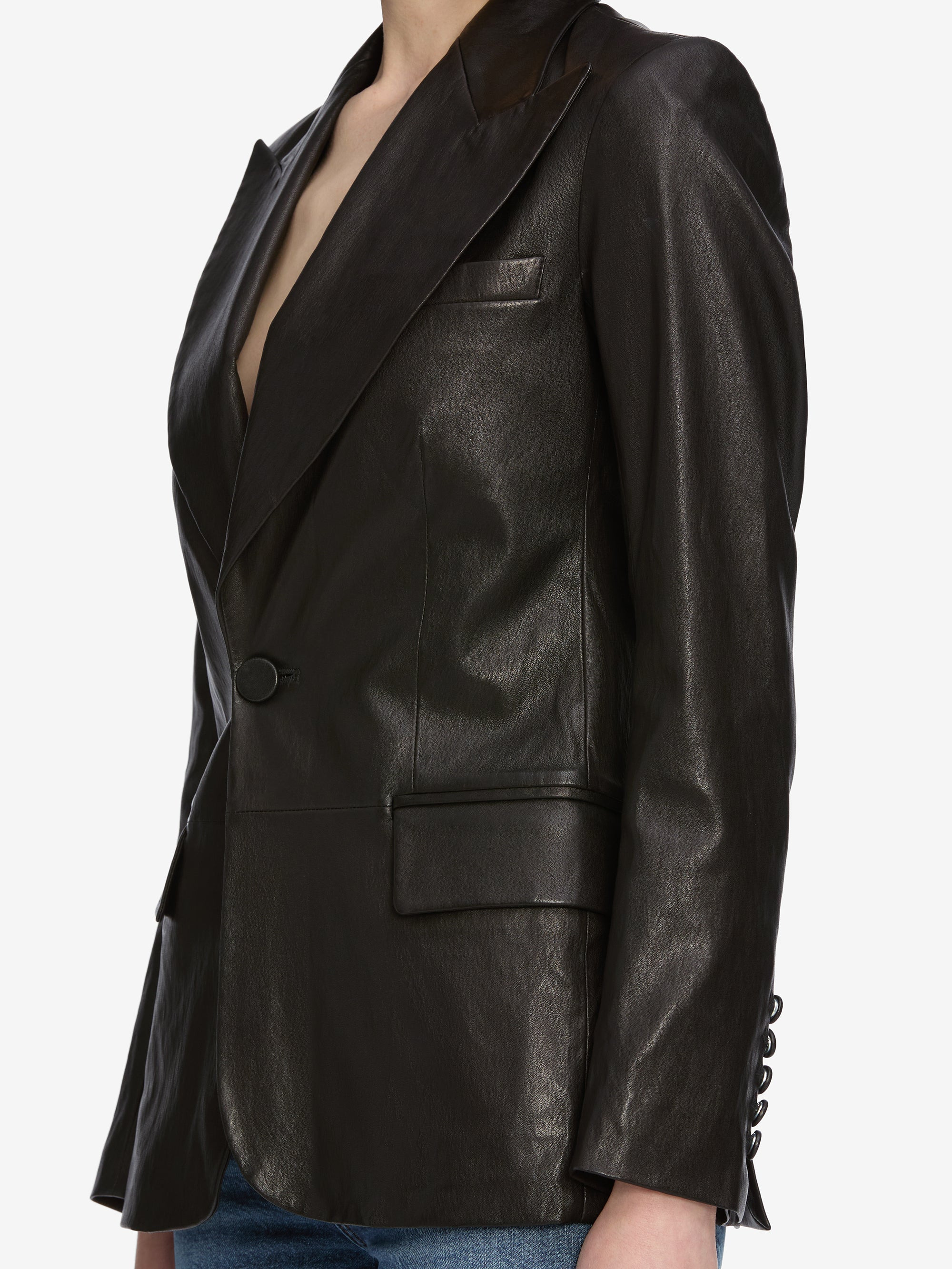 The Peak Lapel Leather Blazer in Black - 5