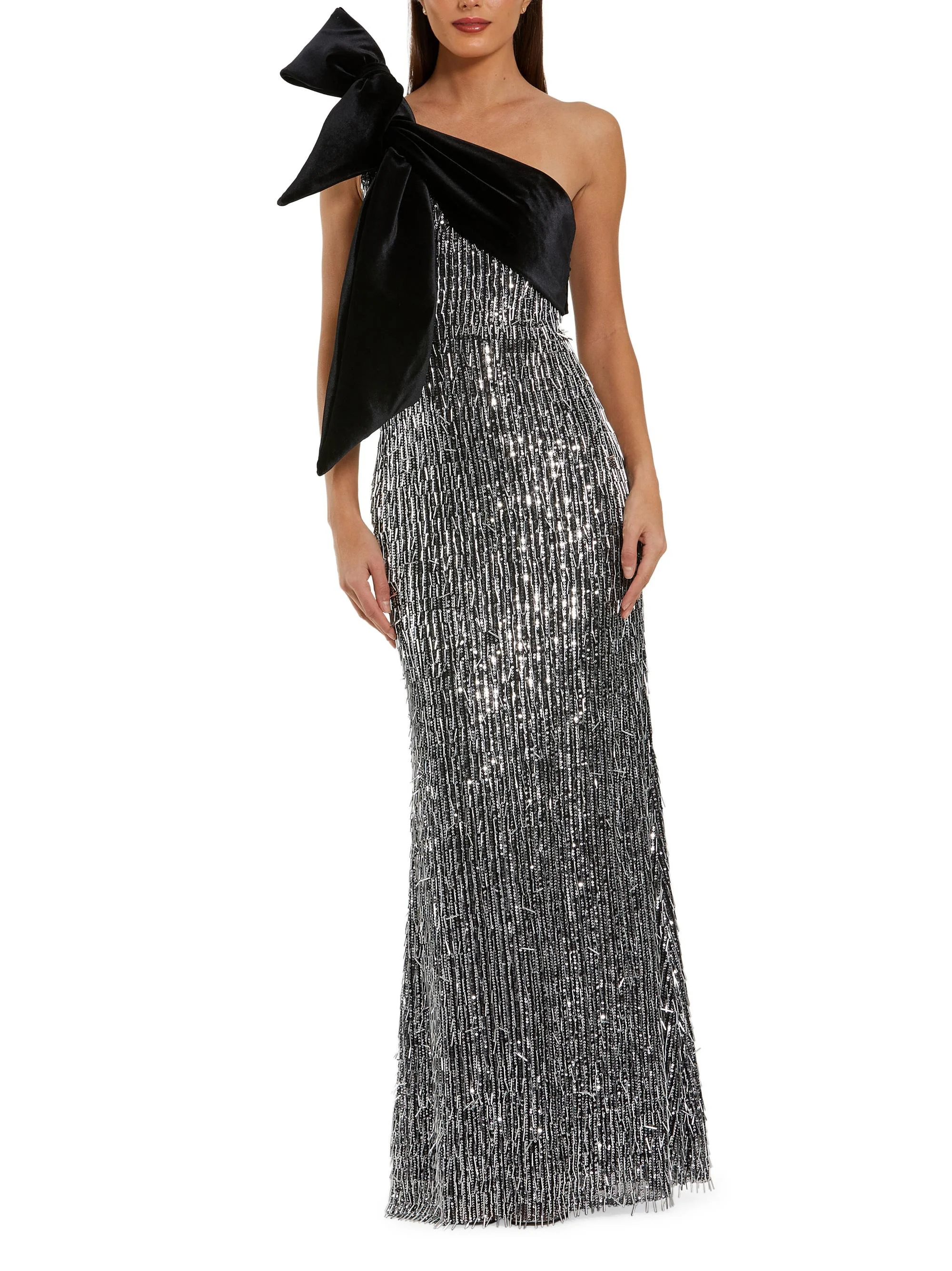 Women's Sequin & Bead-Embellished One-Shoulder Gown - Black Silver - 1
