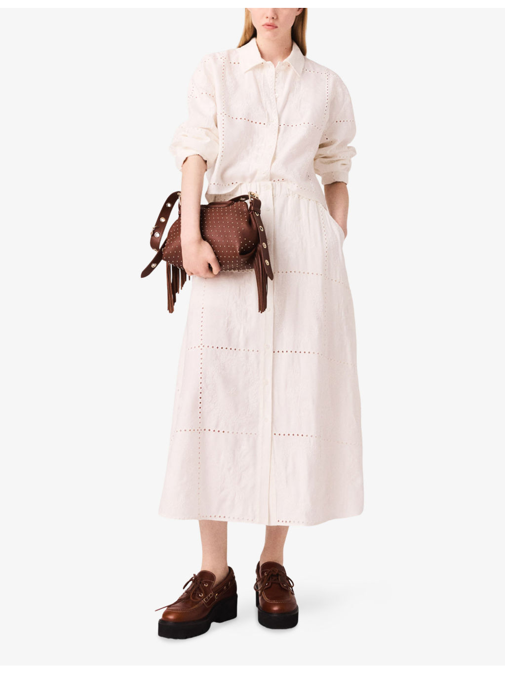 Elasticated-Waist Button-Down Embroidered Linen-Blend Midi Skirt - 2