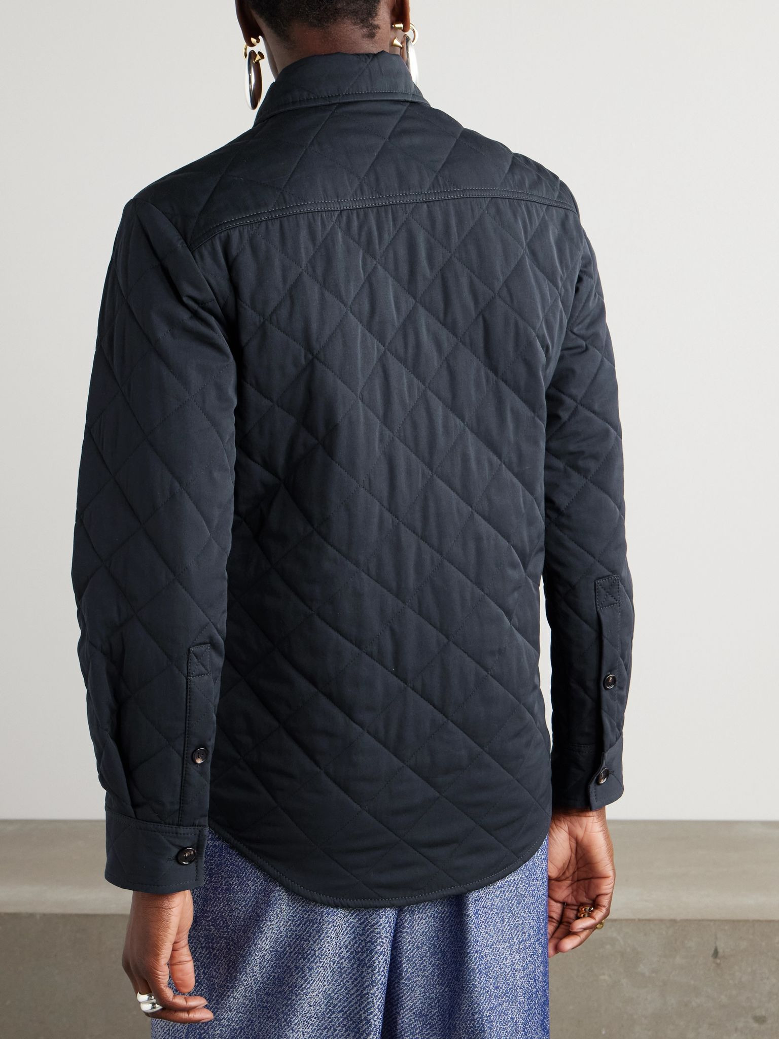 Suede-trimmed quilted cotton-blend shell jacket Blue - 4