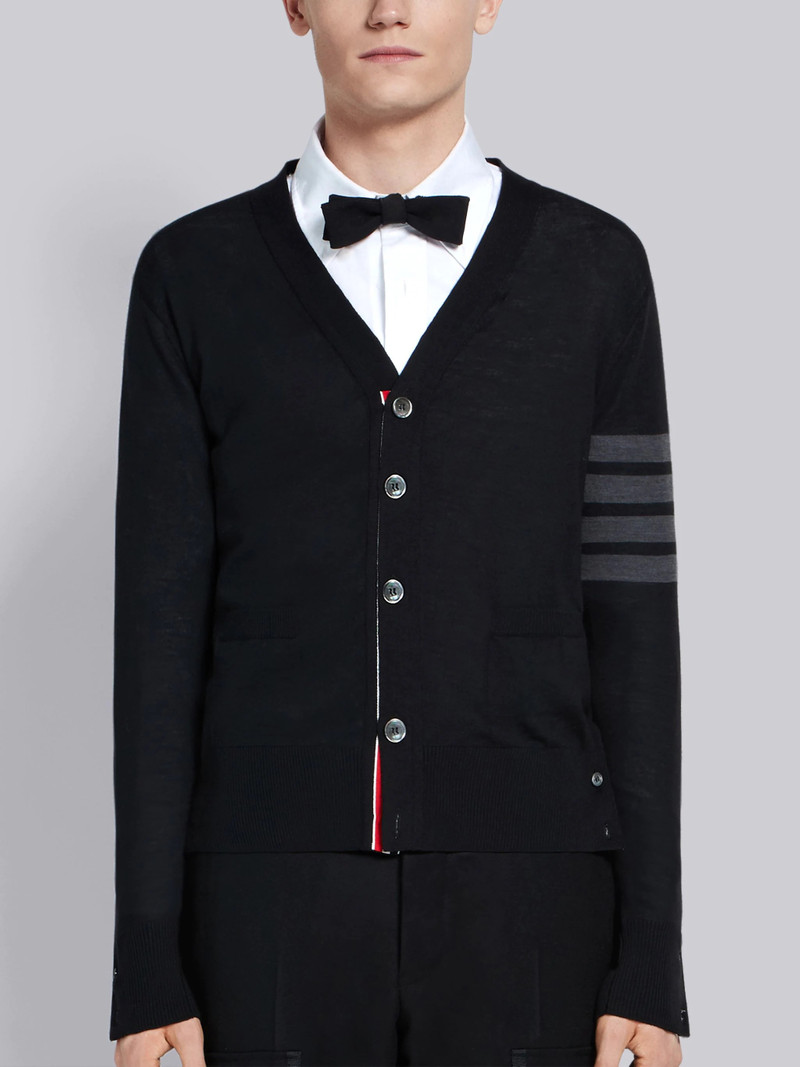 Black Finemerino Wool 4-bar V-neck Cardigan - 1