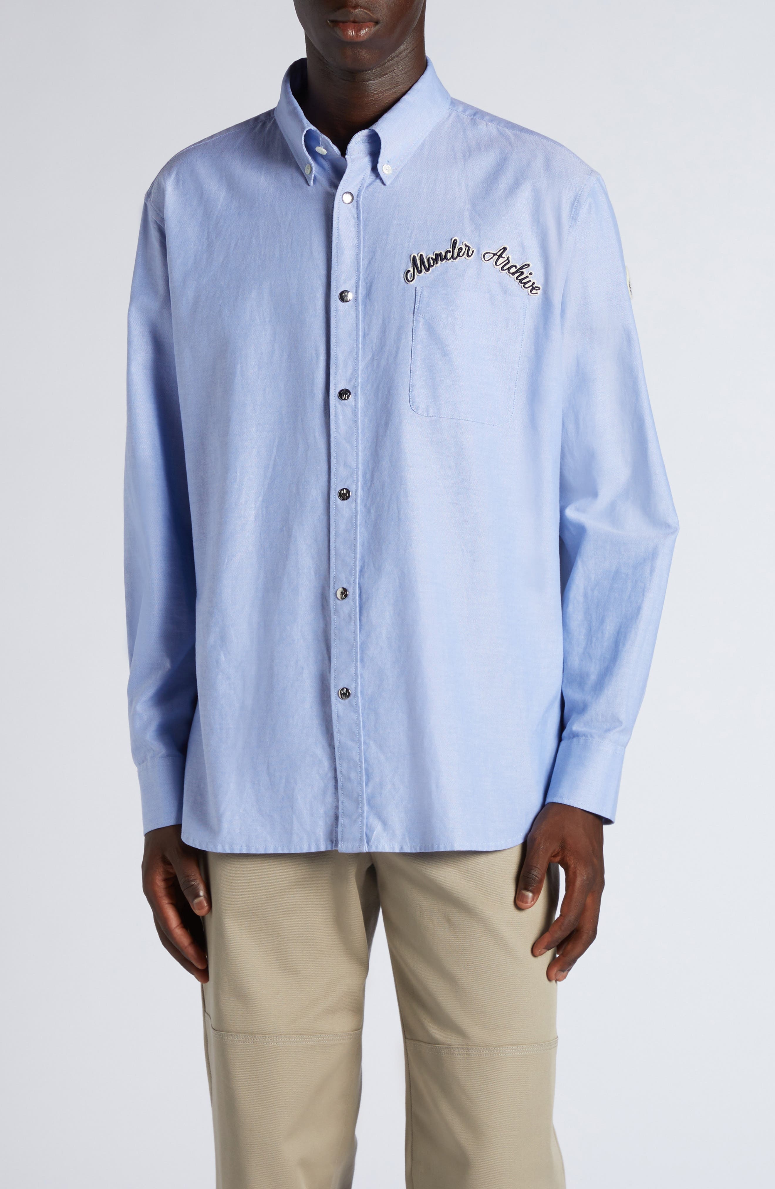 Moncler Archive Logo Patch Cotton Button-Down Shirt in Cool Blue at Nordstrom - 1