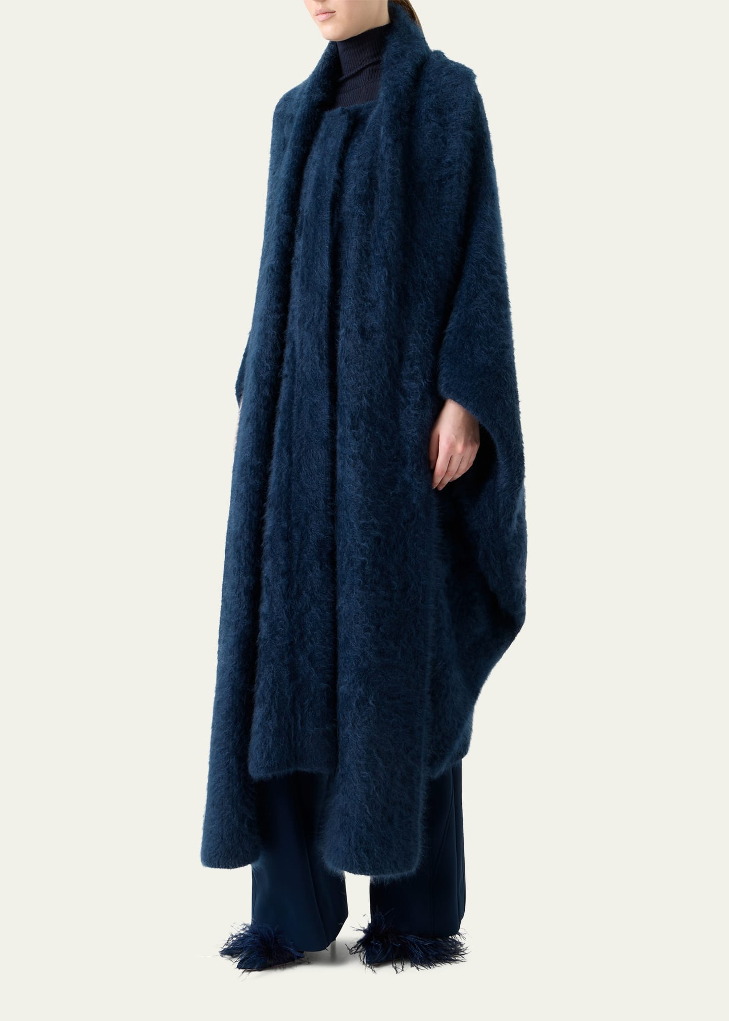 Brushed Cashmere Hooded Long Cape Coat - 4