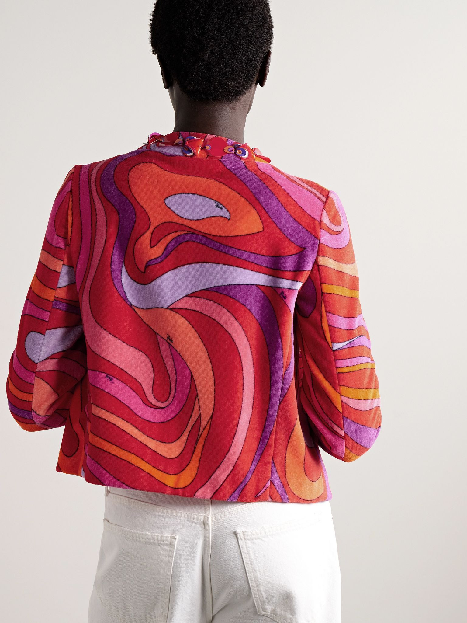Embellished twill-trimmed printed cotton-terry jacket Fuchsia - 3