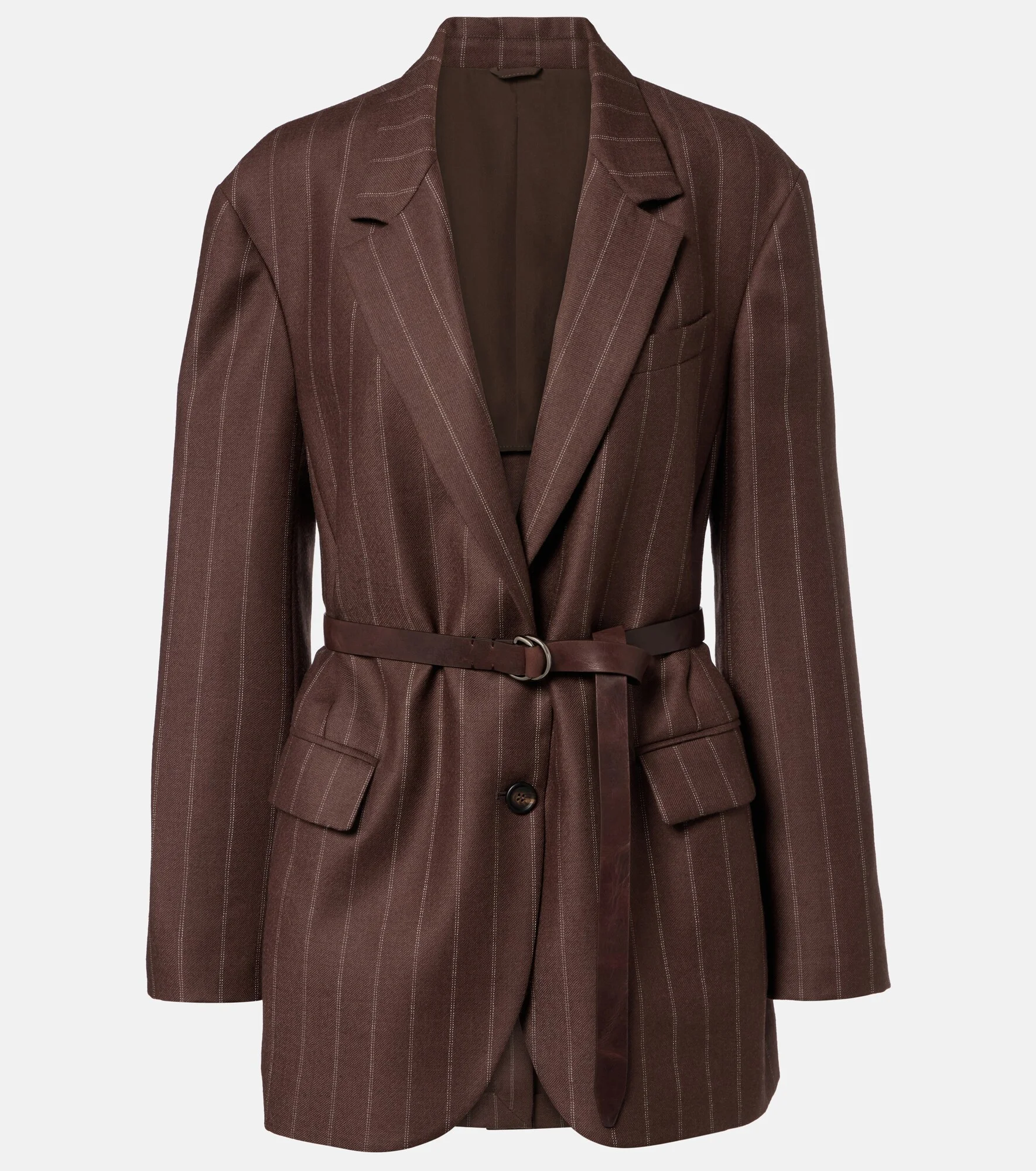 Belted pinstriped virgin wool blazer - 1