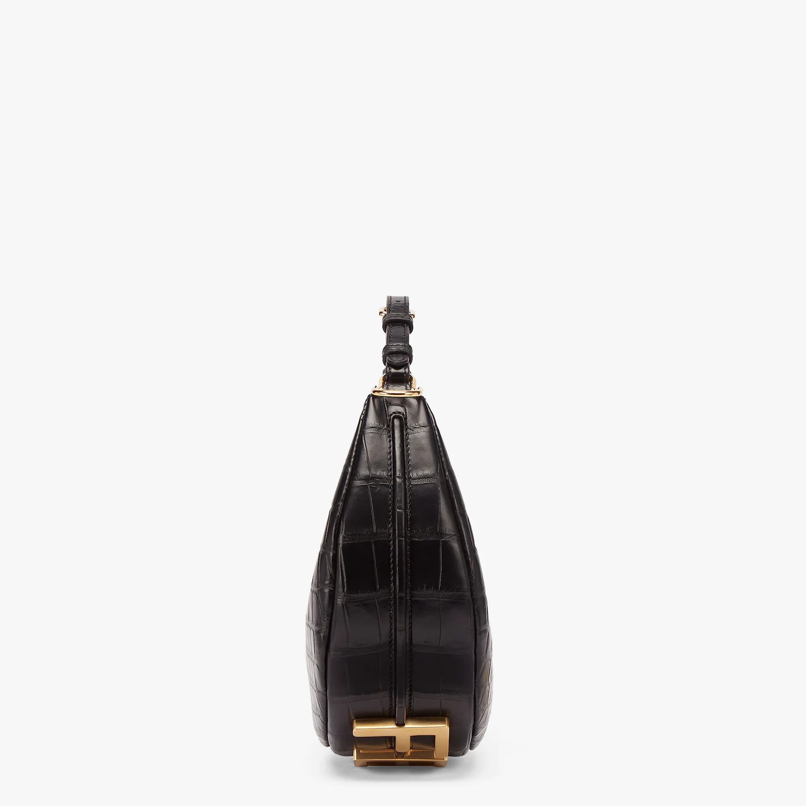 Small hobo bag made of exquisite black matte crocodile leather, with vintage gold metal FENDI letter - 4