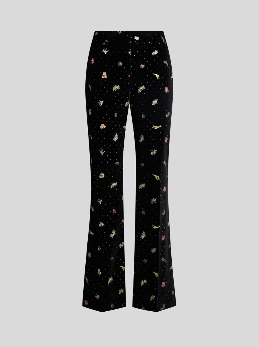 COTTON VELVET TROUSERS WITH FLOWER AND ANIMAL MOTIF - 1