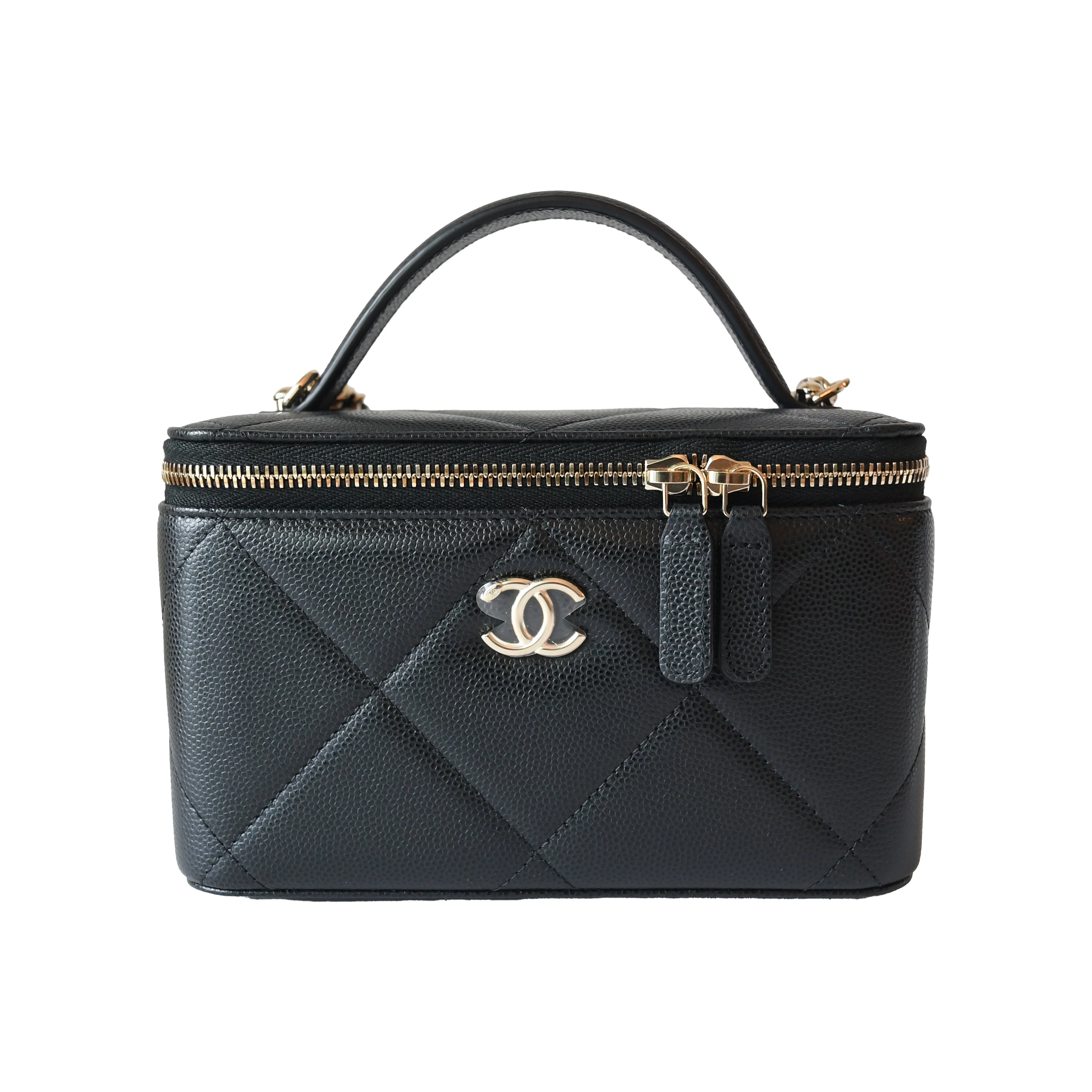 Chanel Caviar Quilted Vanity Case Top Handle With Chain Black - 1