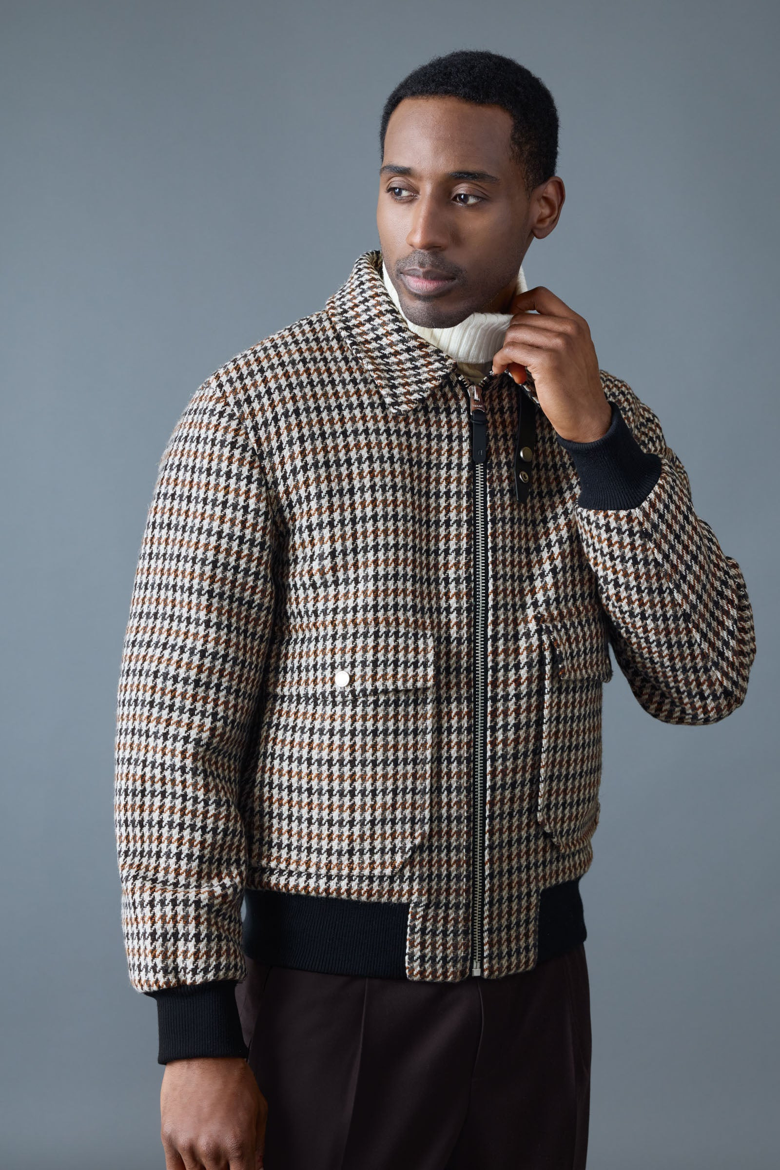 RHETT-HT Houndstooth Wool Bomber with Shearling Collar - 5