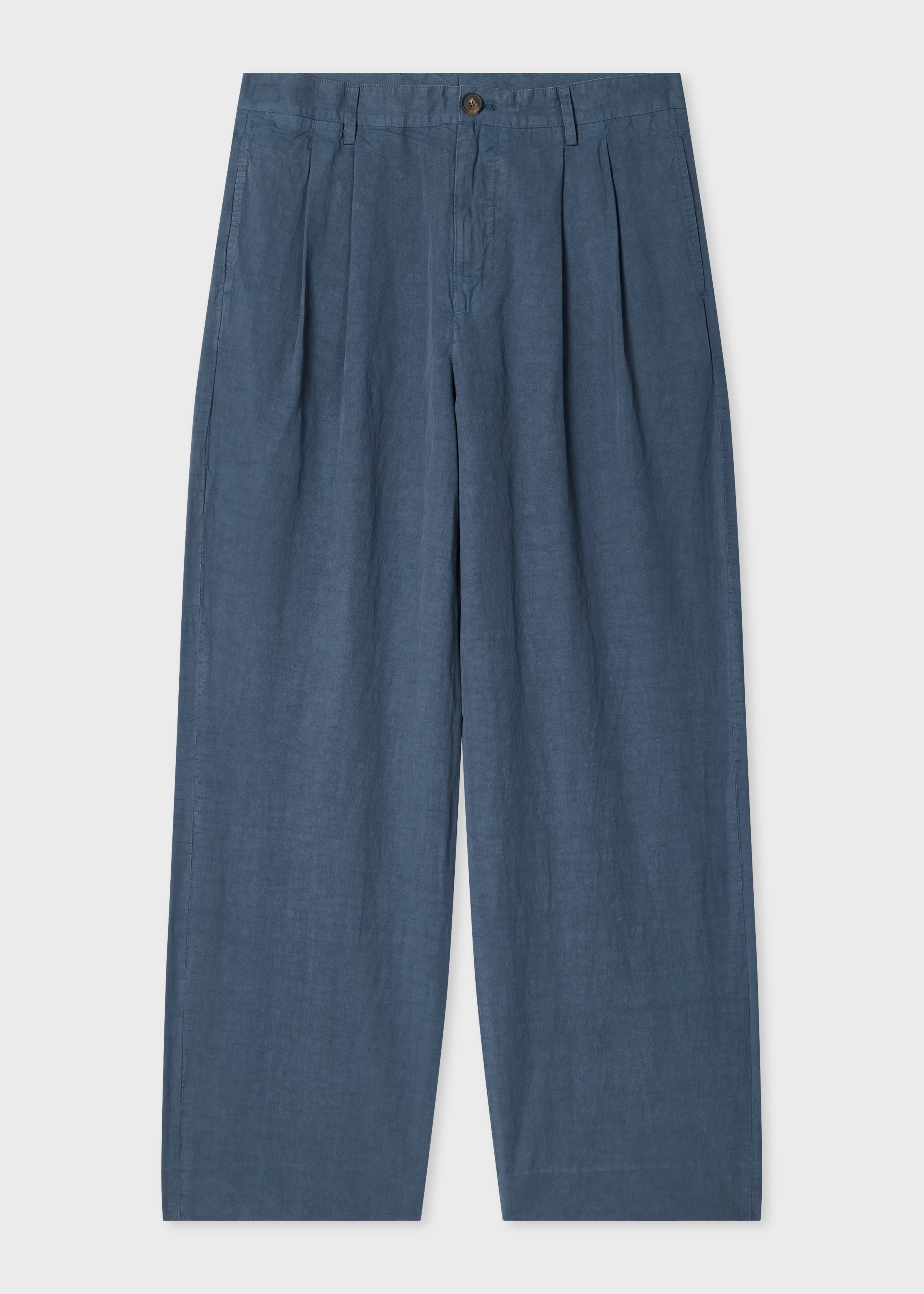 Washed Navy Cotton-Linen Double Pleat Trousers - 1