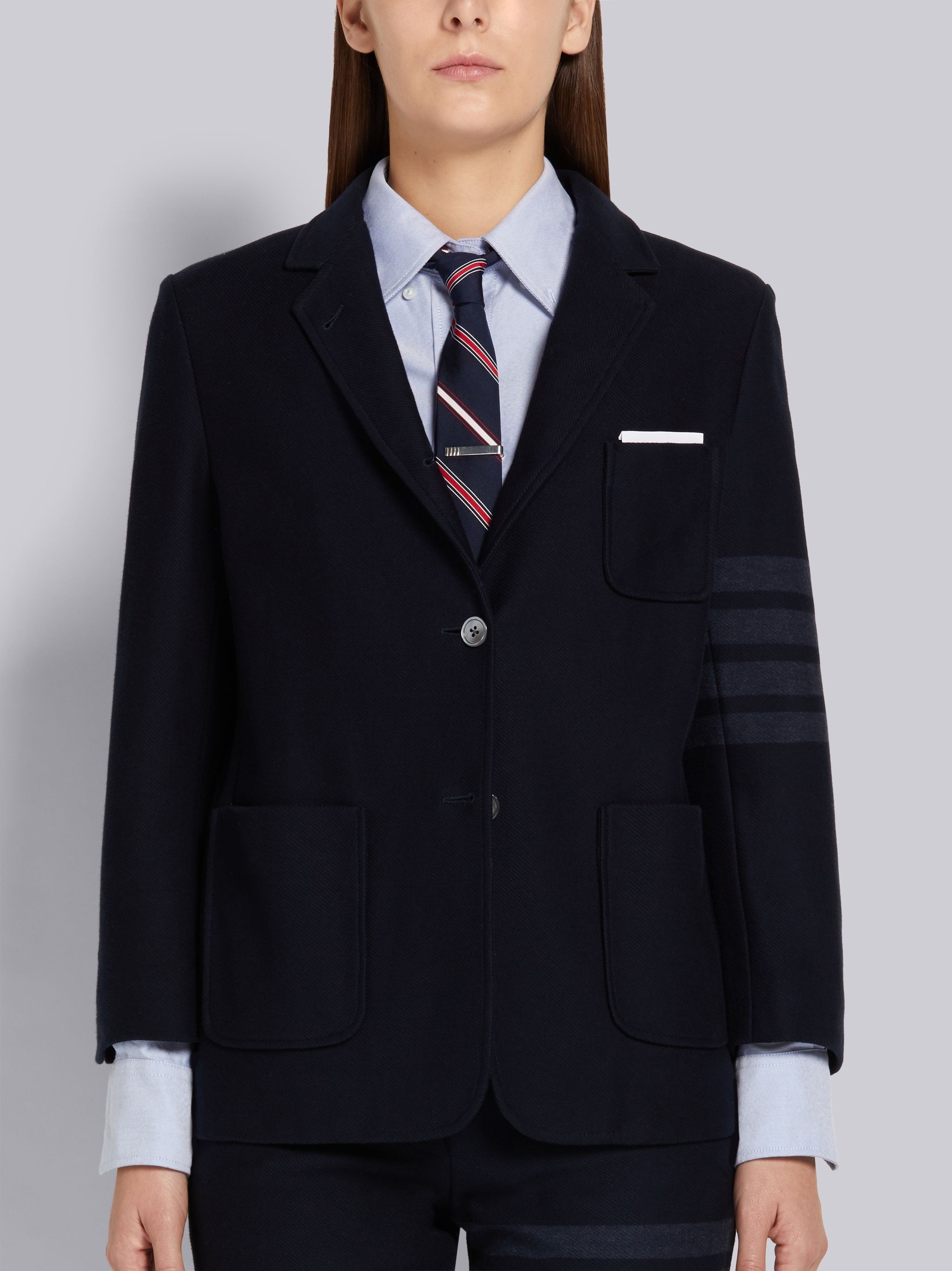 Navy Double Face Tech Twill Tonal 4-Bar Sack Jacket - 1