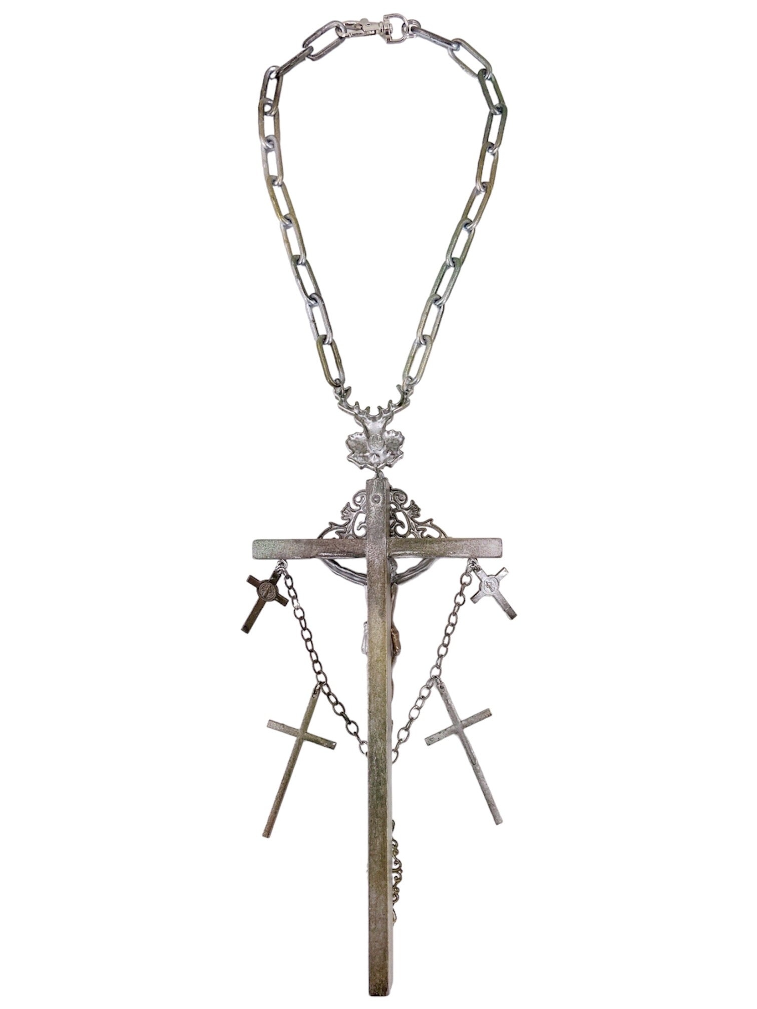 Jean Paul Gaultier 90S Sample 1/1 XXL Silver 5 Crucifix Cross Deer Chain Necklace - 3