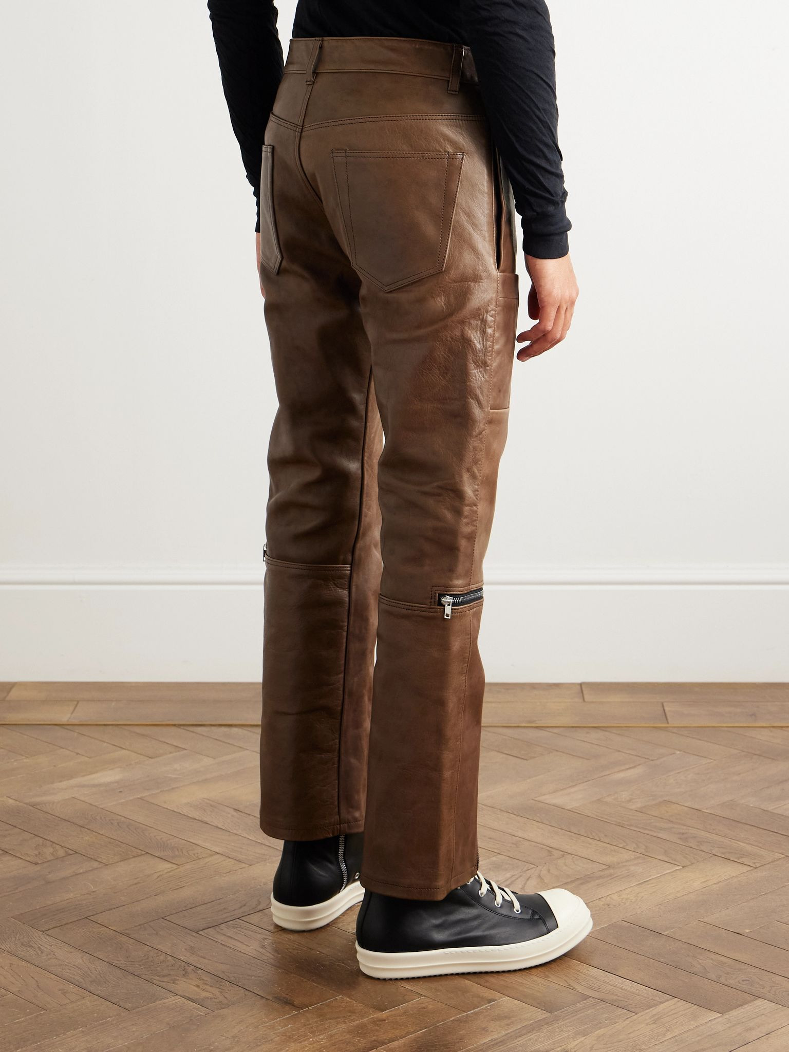 Slim-Fit Leather Trousers Brown - 4