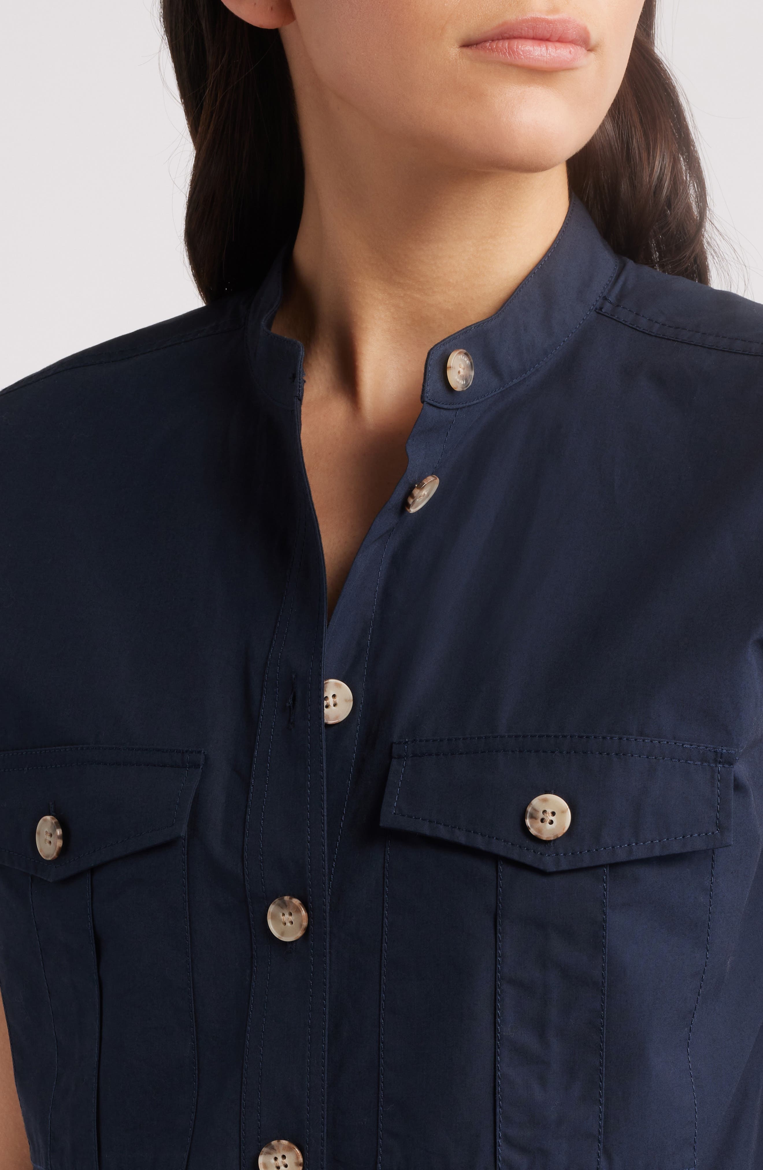 FRAME Cap Sleeve Cotton Safari Shirtdress in Navy at Nordstrom - 4
