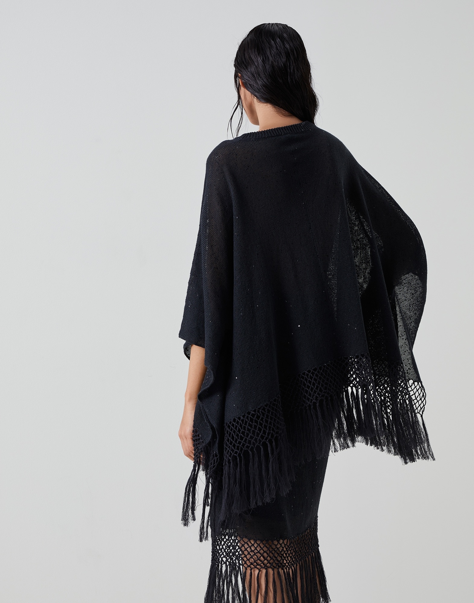Brunello Cucinelli Linen and silk diamond yarn knit poncho