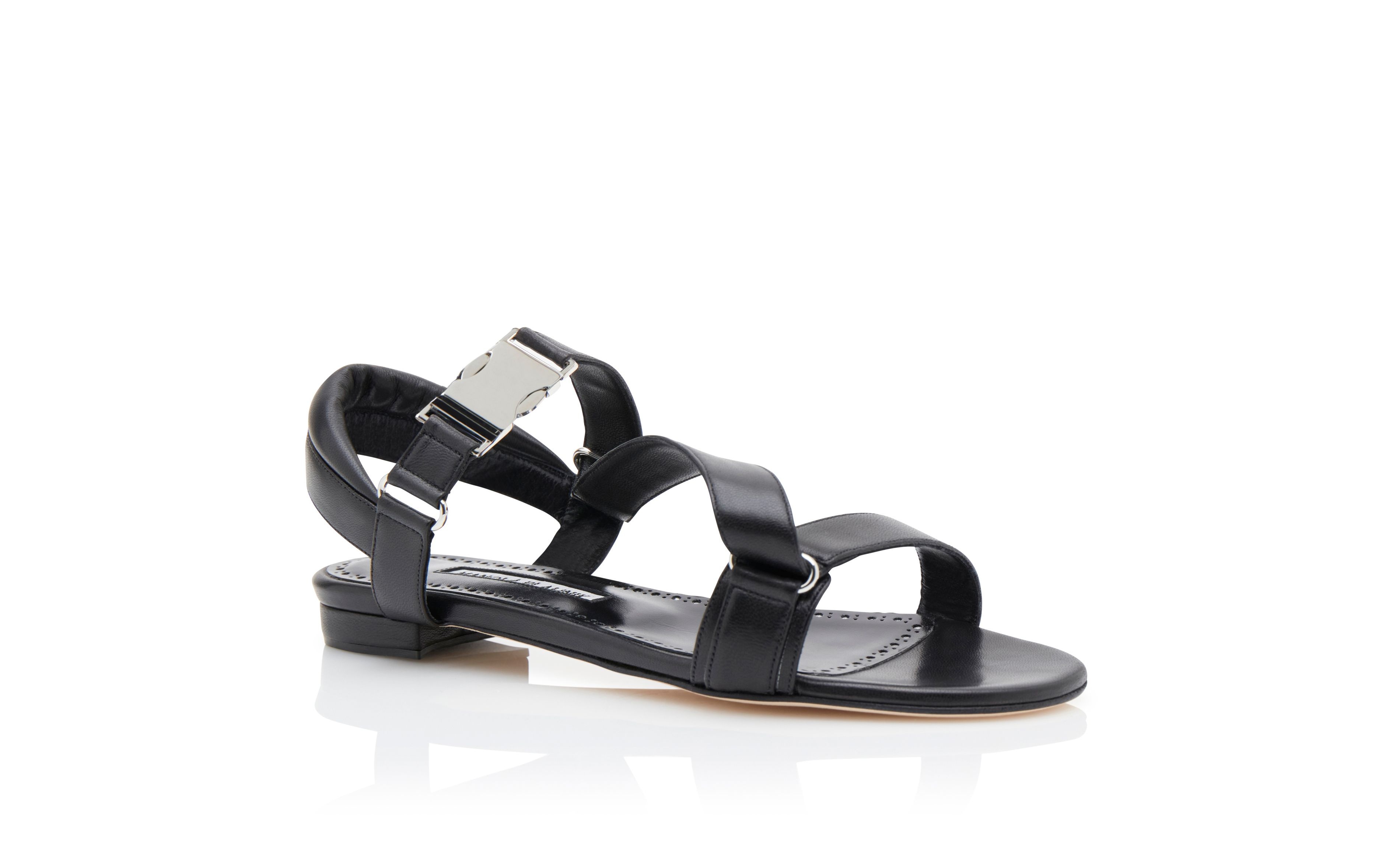 Black Nappa Leather Buckle Detail Flat Sandals - 3