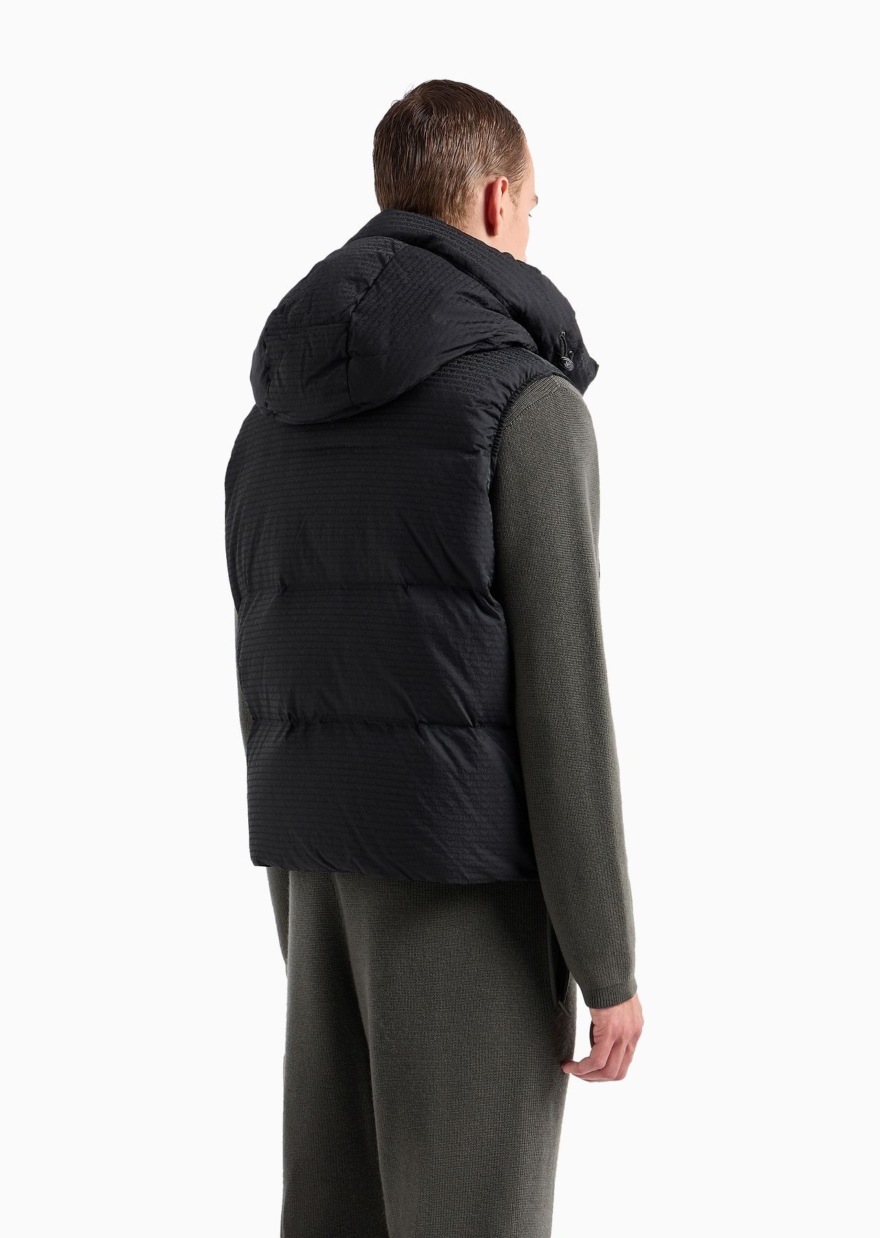 Zipped, hooded sleeveless down jacket in jacquard nylon with all-over logo lettering - 3