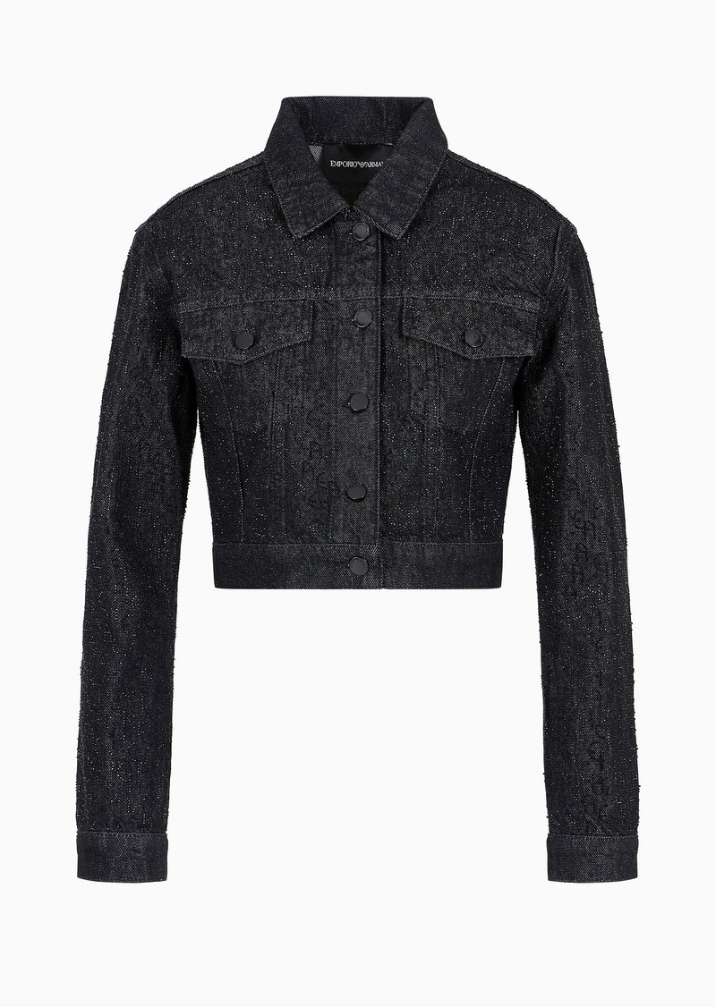 Cropped 12.5 oz denim jacket with all-over rhinestone logo 1