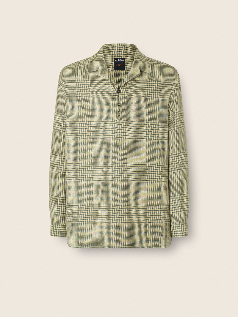 OLIVE GREEN PRINCE OF WALES CROSSOVER LINEN WOOL AND SILK SHIRT 1