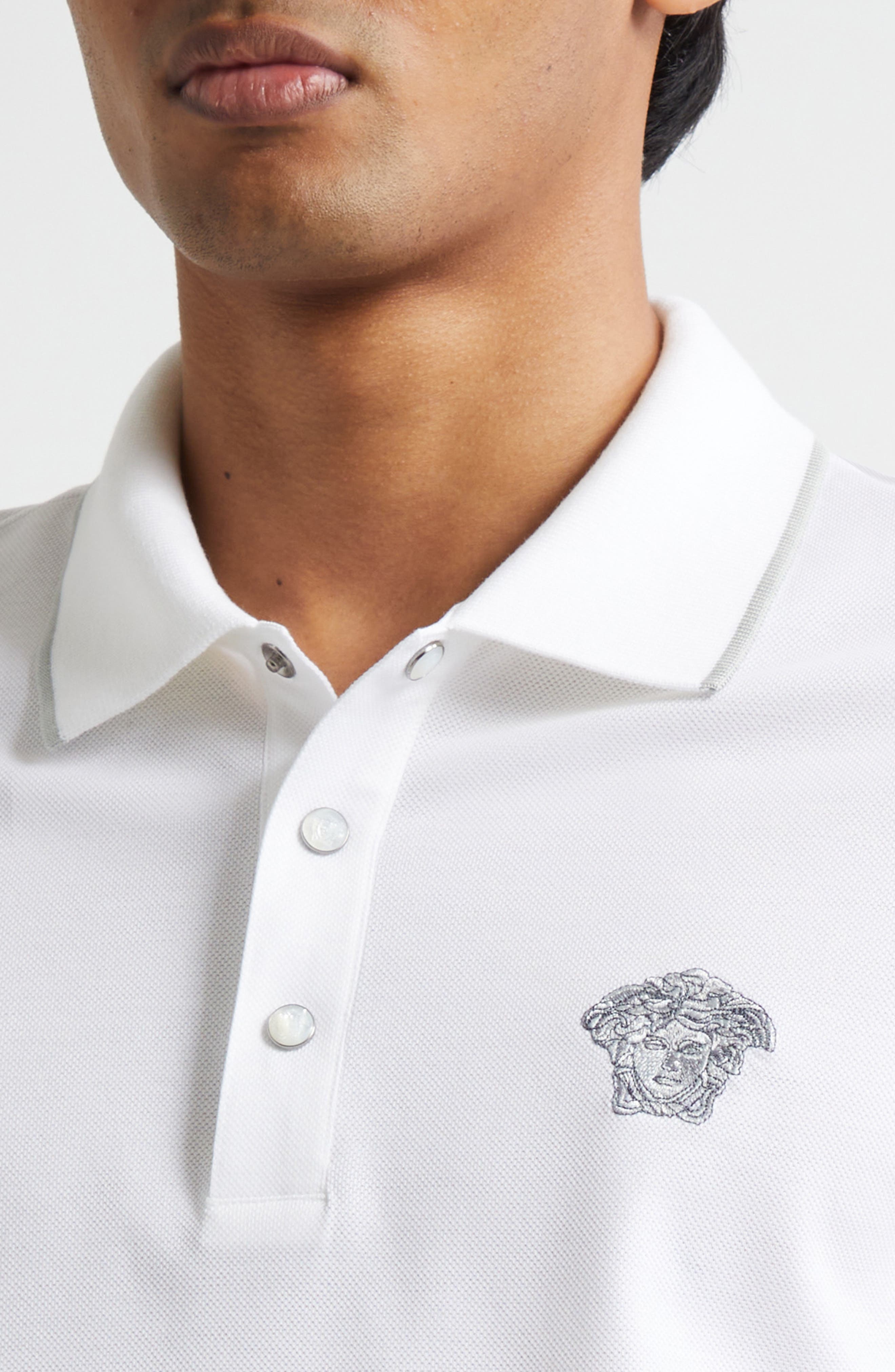 Versace Medusa Embroidered Cotton Piqué Polo in Optical White at Nordstrom - 4