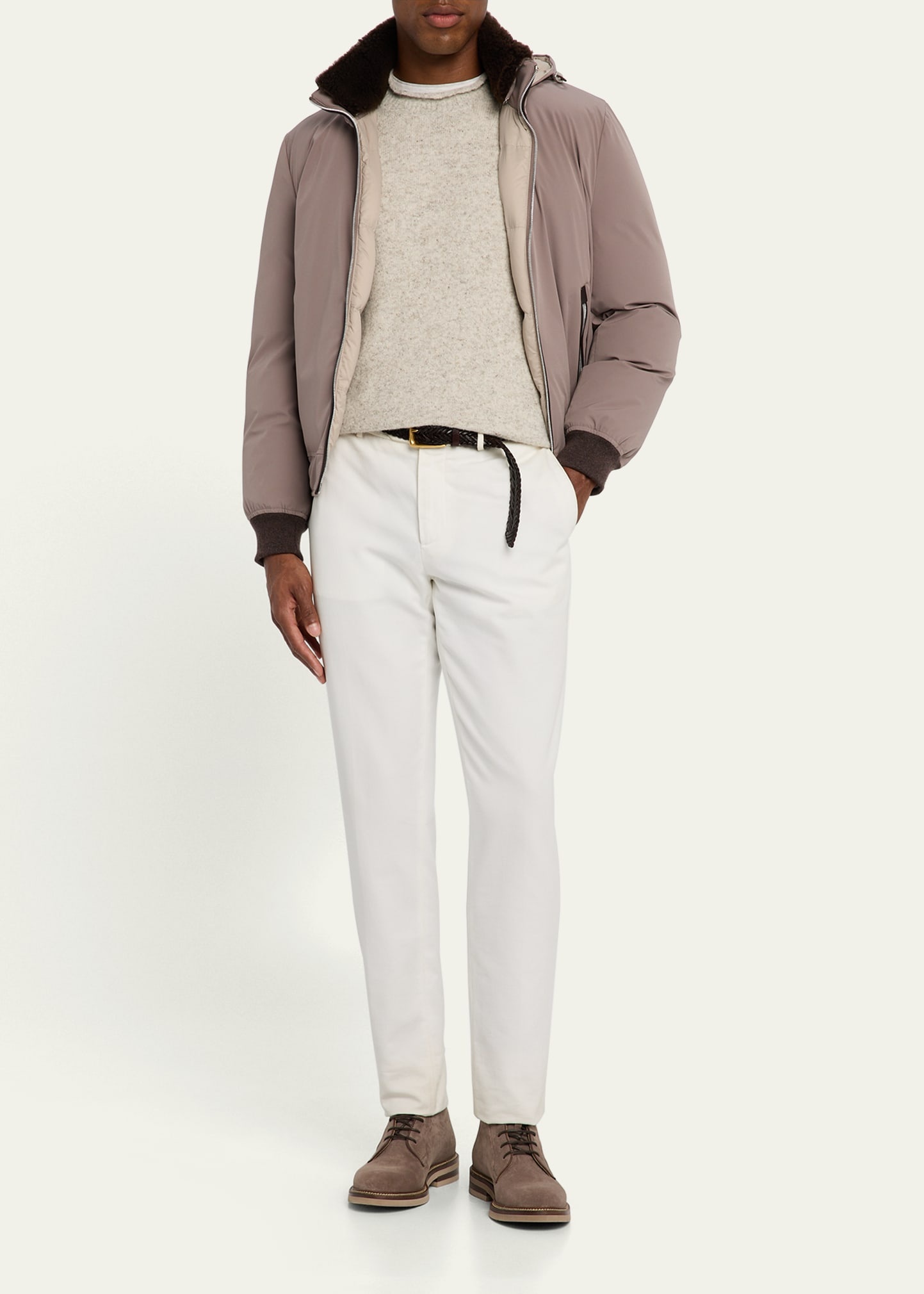 Men's Full-Zip Nylon and Shearling Jacket with Detachable Hood - 2