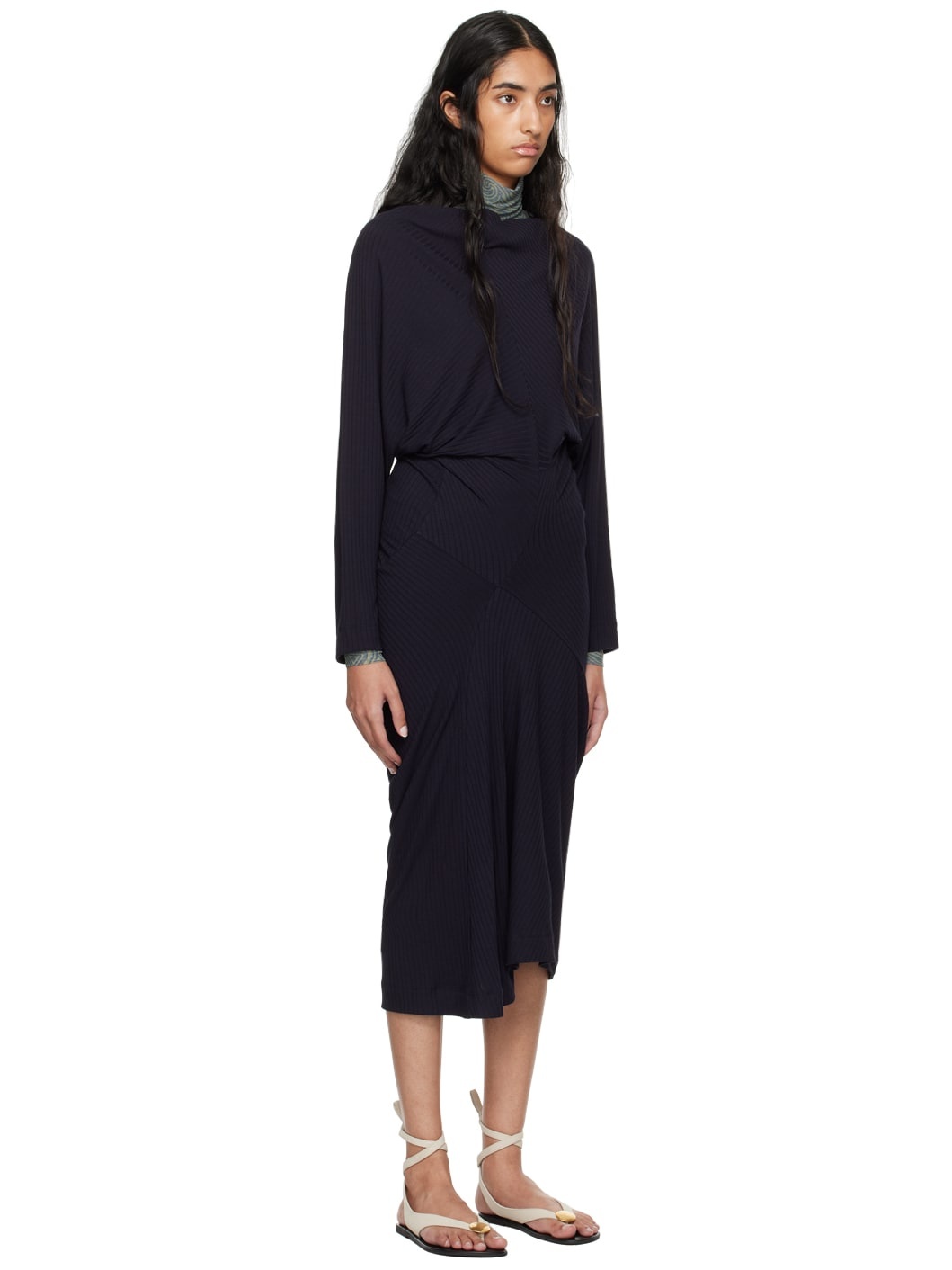Navy Ribbed Midi Dress - 2