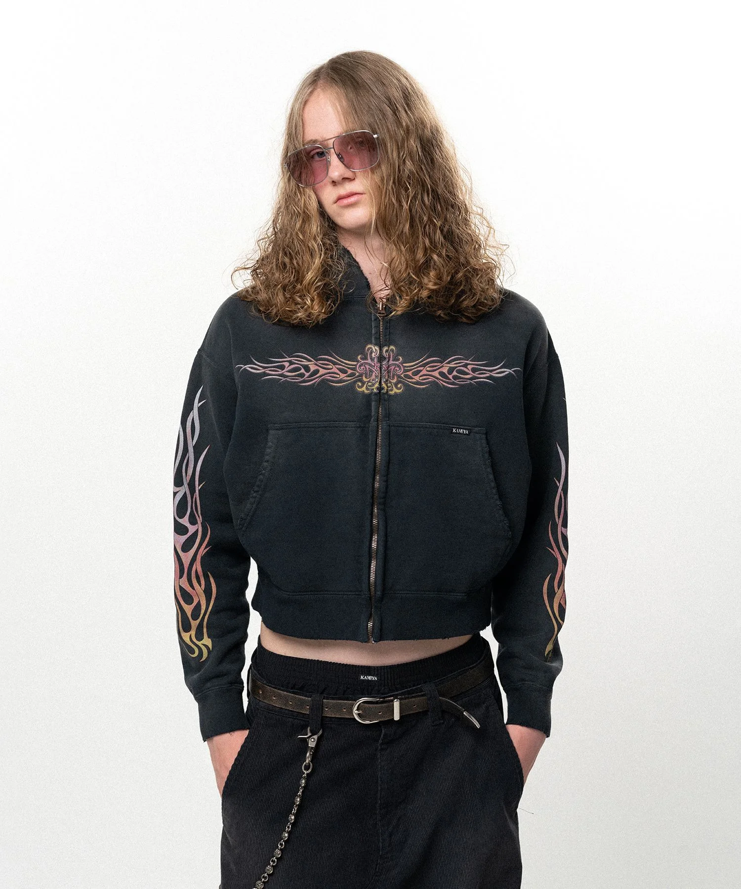 "FLAME KMY" Zip-up Short Hoodie - 1